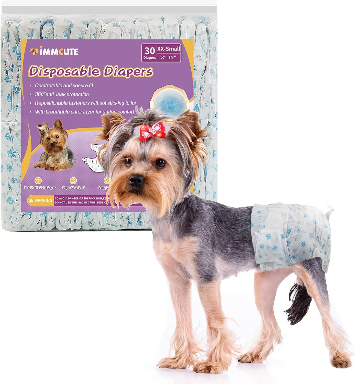 IMMCUTE Female Dog Diapers 30 Count,Super Absorbent Disposable Dog Diapers Female with Flash Dry & Leakproof