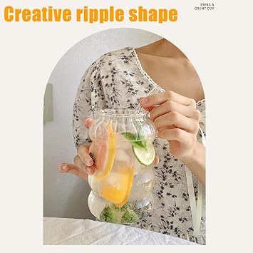 2 Pcs Ribbed Glass Cups 22oz Ripple Drinking Glasses Set Vintage Wave Shape Iced Coffee Glasses Beverage Glasses for Cocktail Beverage Juice Milk