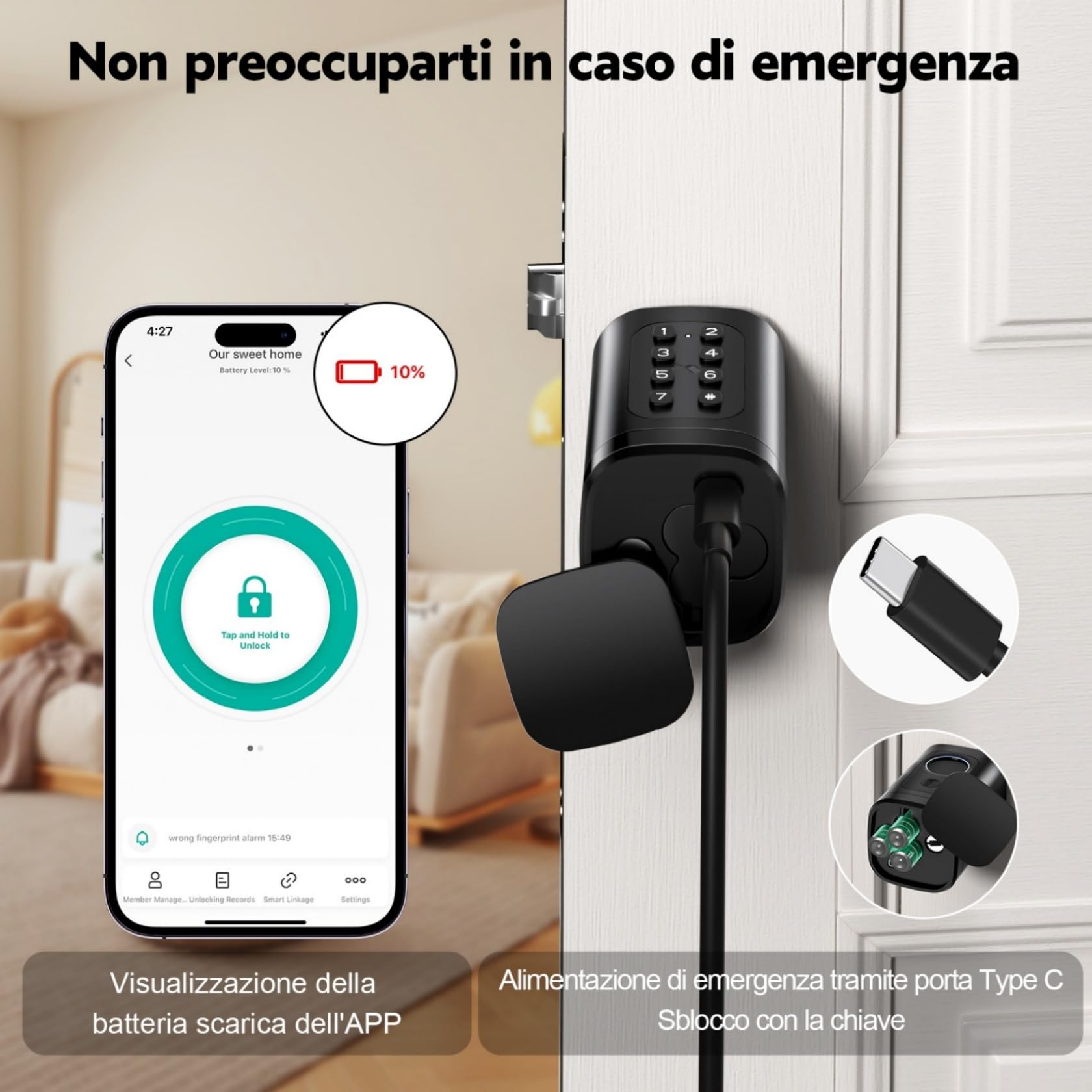 Serratura connessa, serratura biometrica con cilindro a codice, compatibile con cilindri da 60 a 90 mm(30/30,45/45), utilizzabile con Bluetooth, App, impronta digitale e chiave per aprire il blocco