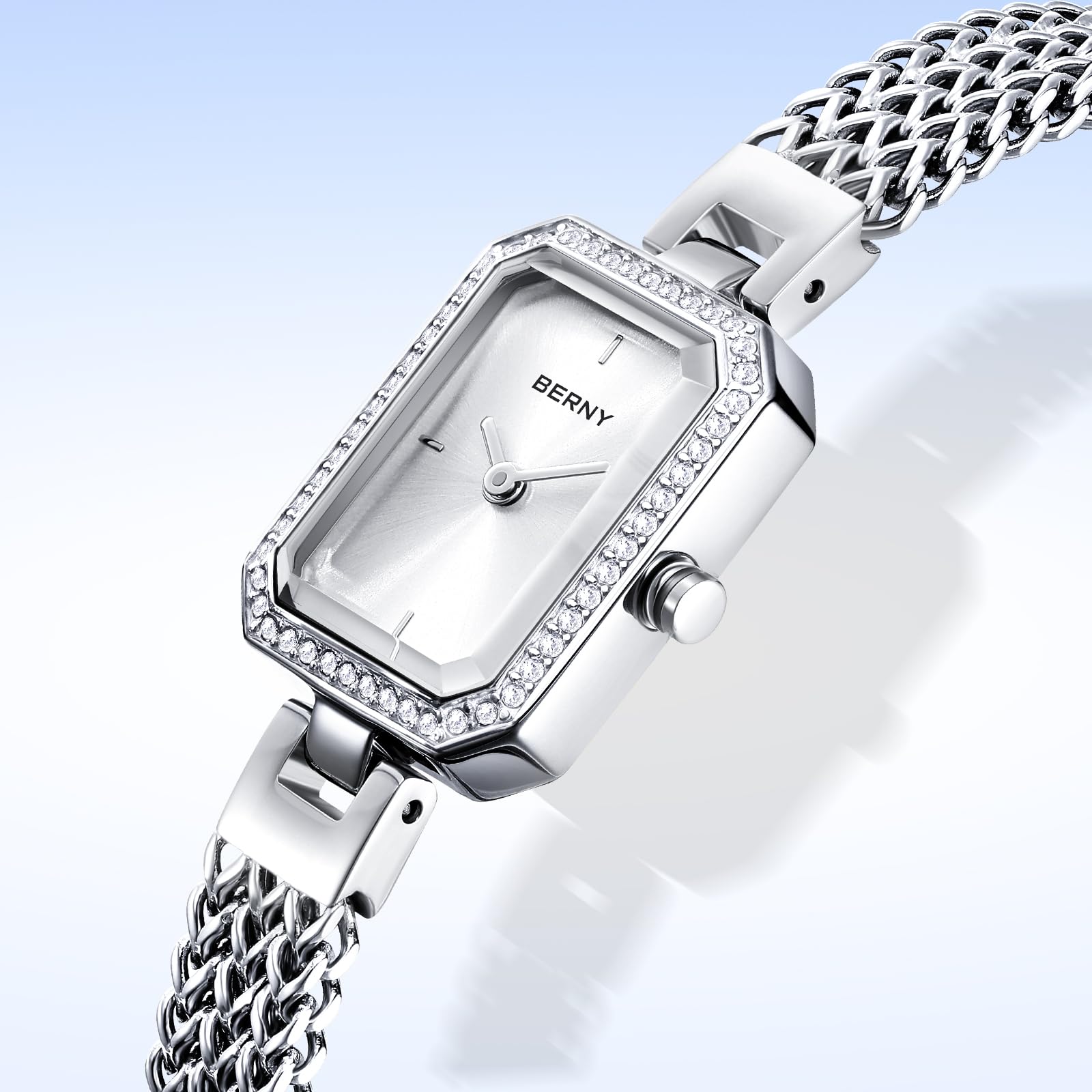 BERNY Silver Watches for Women Ladies Wrist Watch and Bracelet Set Dainty Quartz Bracelet Watch Premium Crystal Accented Fashion Luxury Birthday Present for Women-White Dial