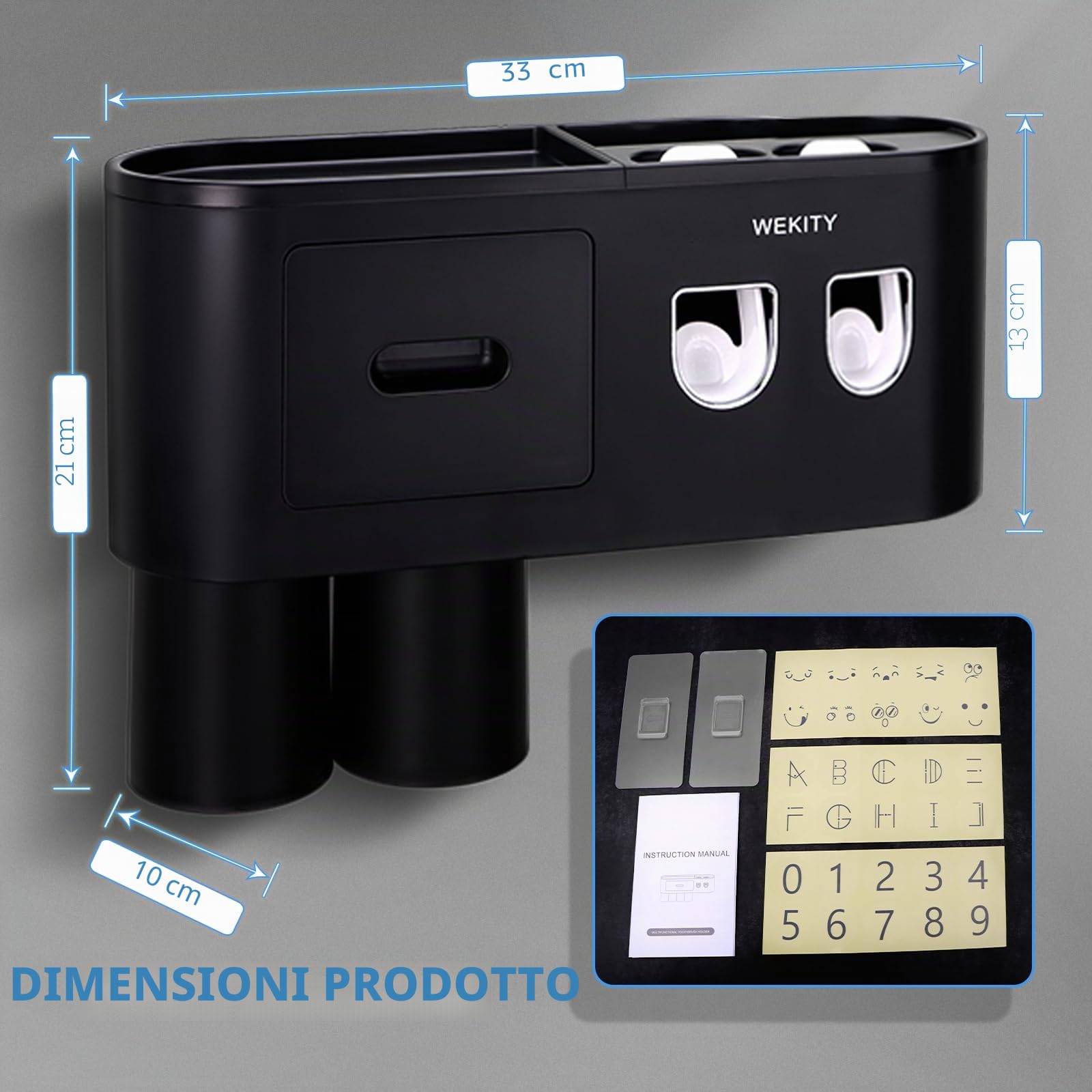 Portaspazzolino da parete multifunzione, dispenser automatico di dentifricio, salvaspazio, con 2 tazze e cassetti, organizer per cosmetici (nero 2 dispenser)