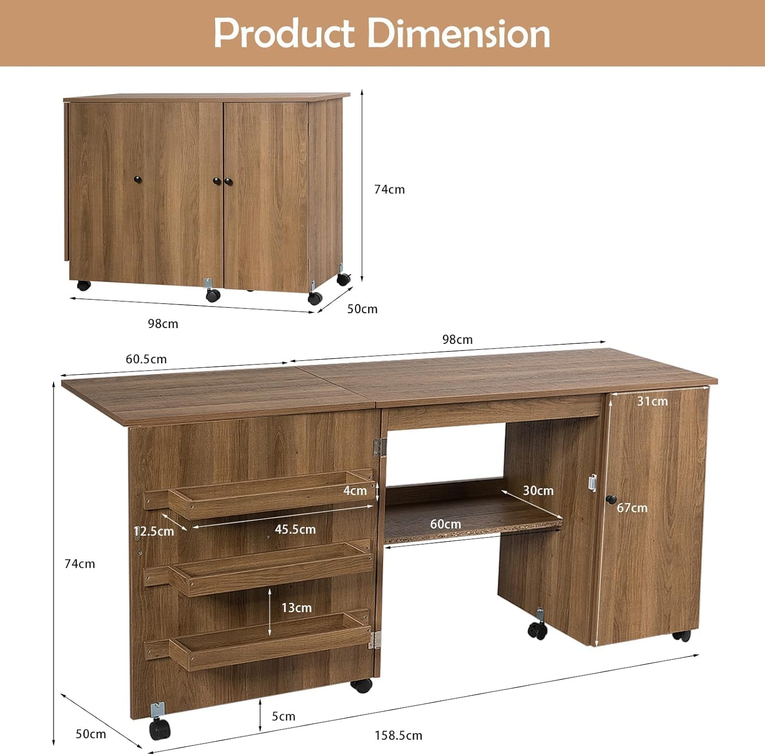 GOPLUS Mesa de Costura Plegable con 6 Ruedas Universales (2 Bloqueables), 3 Estantes y 1 Balda, 3 en 1 Armario de Costura, Mueble para Máquina de Coser para Dormitorio Salón Estudio (Natural)