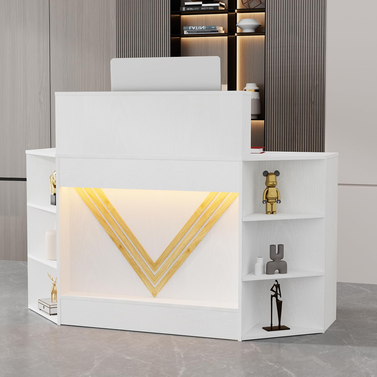 VOWNER 39.3" H Modern Reception Desk with LED Lighting, Office Counter with Display Cabinet, Secretary Desk with Power Outlets – Front Desk for Salon,