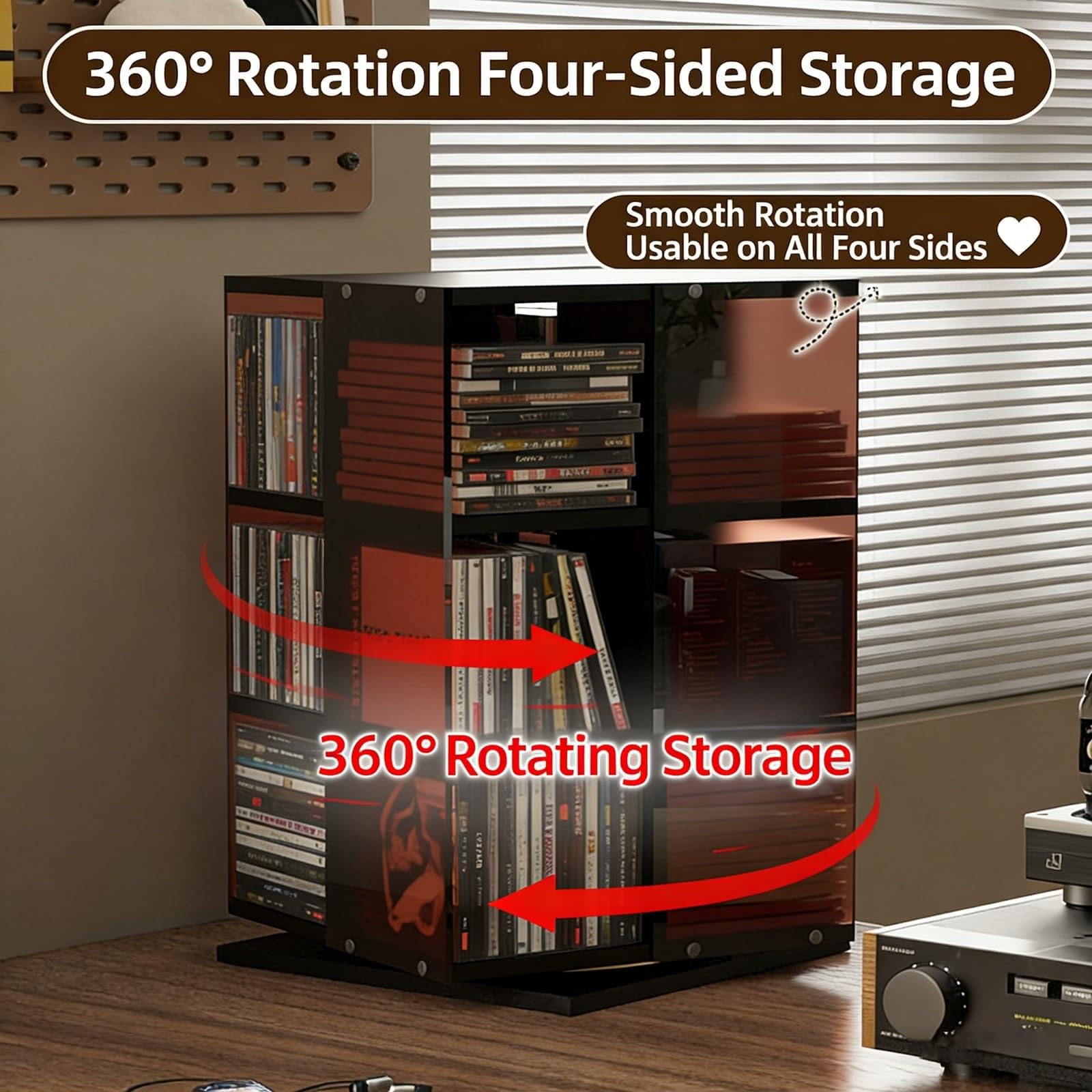 Torre di archiviazione per dischi in vinile girevole a 360°, espositore aperto su 4 lati per 120 CD, libri, riviste, DVD, supporto trasparente multistrato