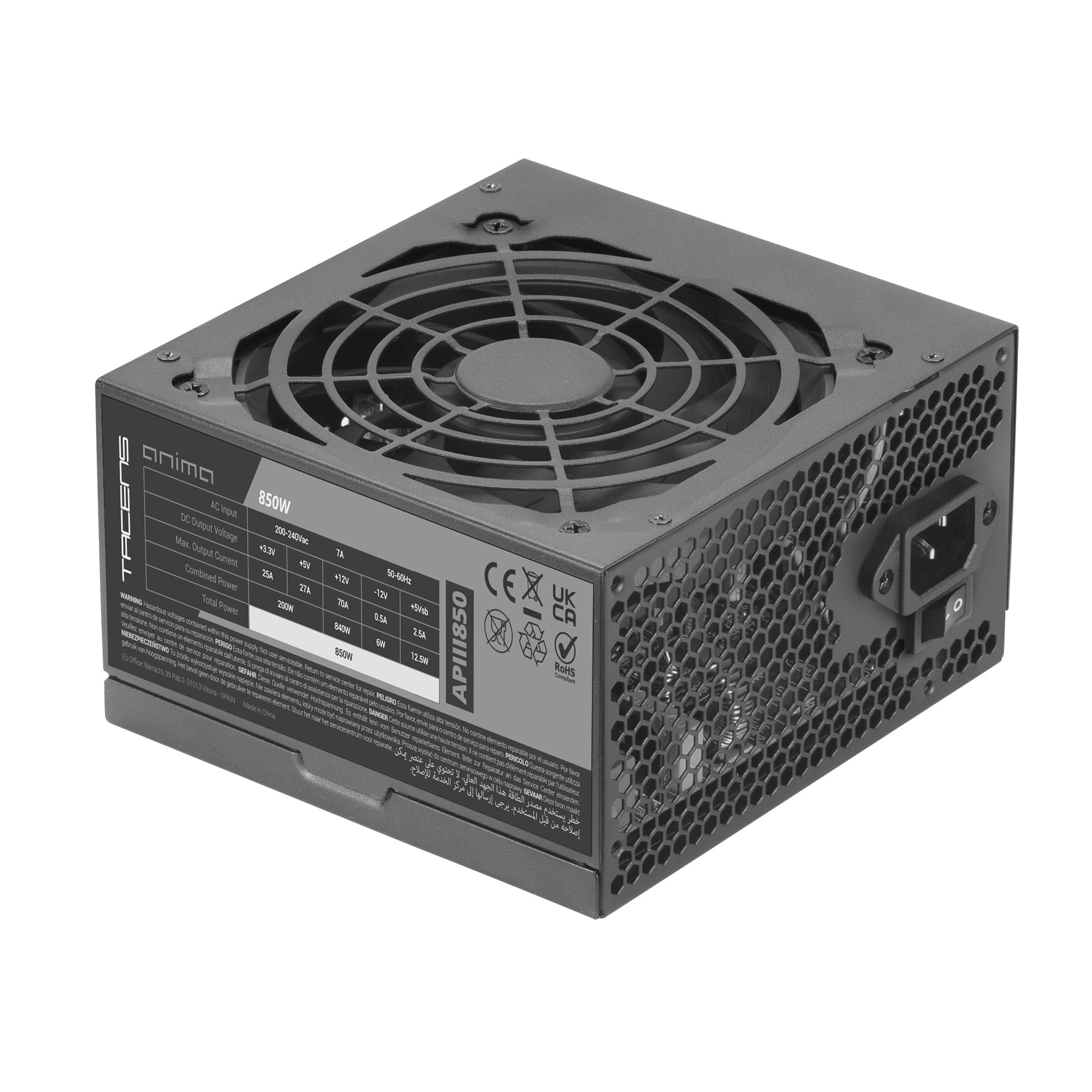 TACENS ANIMA APIII850, Alimentatore ATX 850W, Tecnologie SMD e DC-DC, 85% Efficienza 12V, Ventola Ultra-silenziosa 12cm, Condensatori Giapponesi 105º, Cavi in fibra di carbonio, Nero