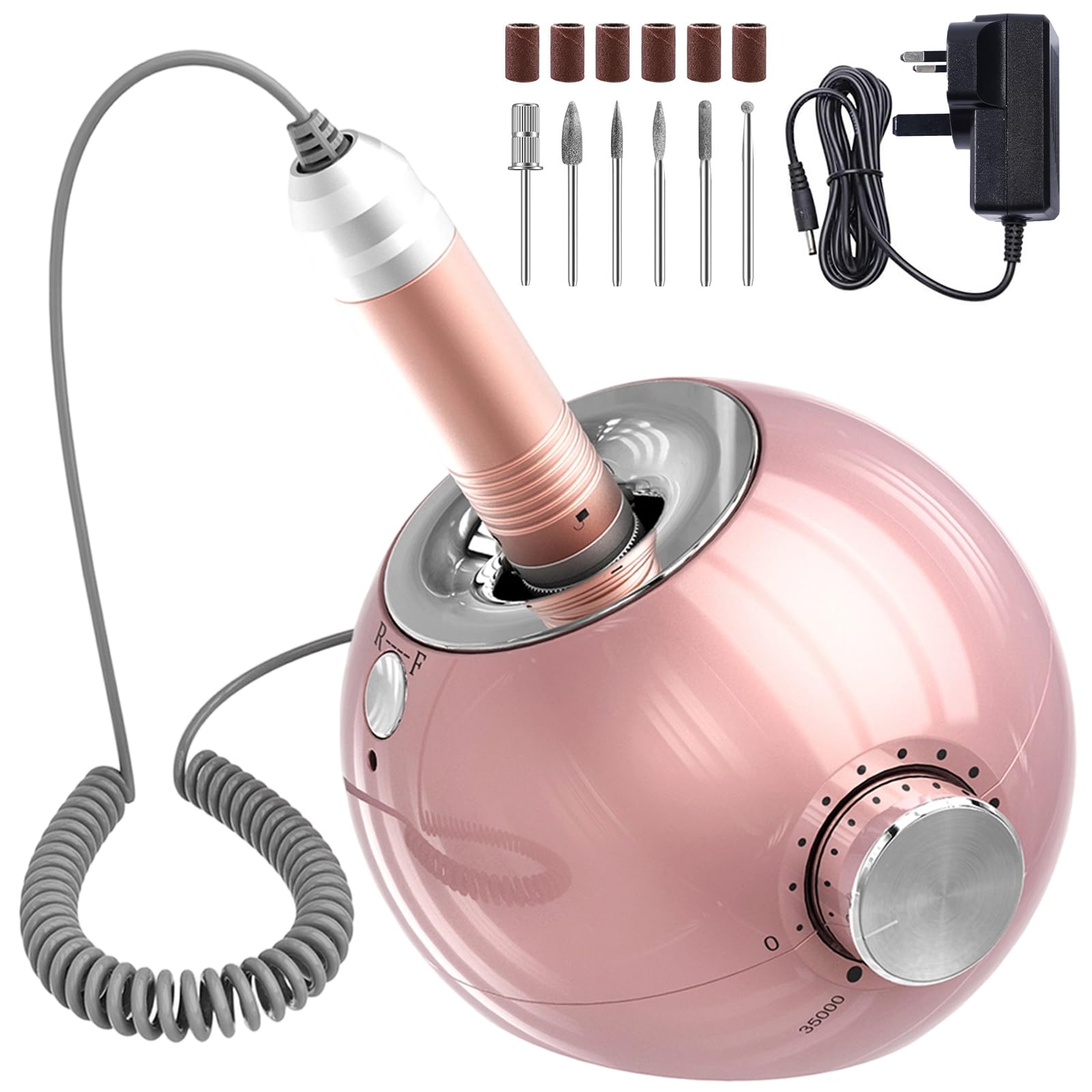 Delanie Nail Drill 35000RPM Professional Manicure Efile for Home and Salon Use with Six Sanding Bands and Drill Bits UK Plug(Wired-Pink)