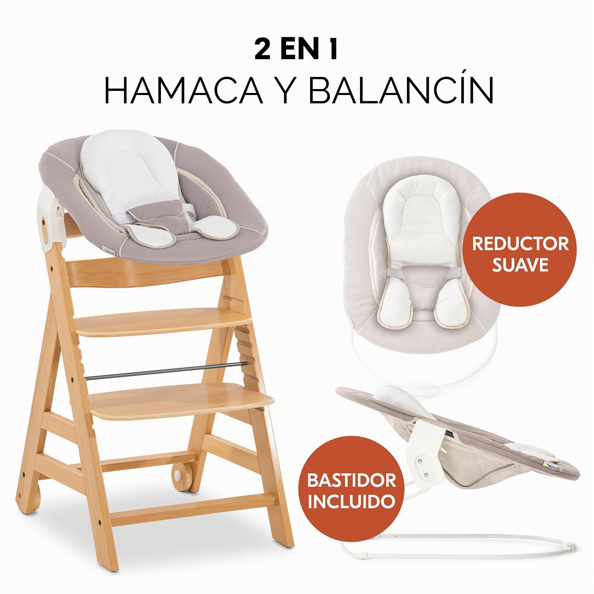 hauck Alpha Move Newborn Set deTrona Evolutiva Bebe, Tronas de Bebe Evolutiva con Hamaca Bebé Recien Nacido, Cojín y Bandeja, Trona Niño Regulable - Natur/Stretch Beige
