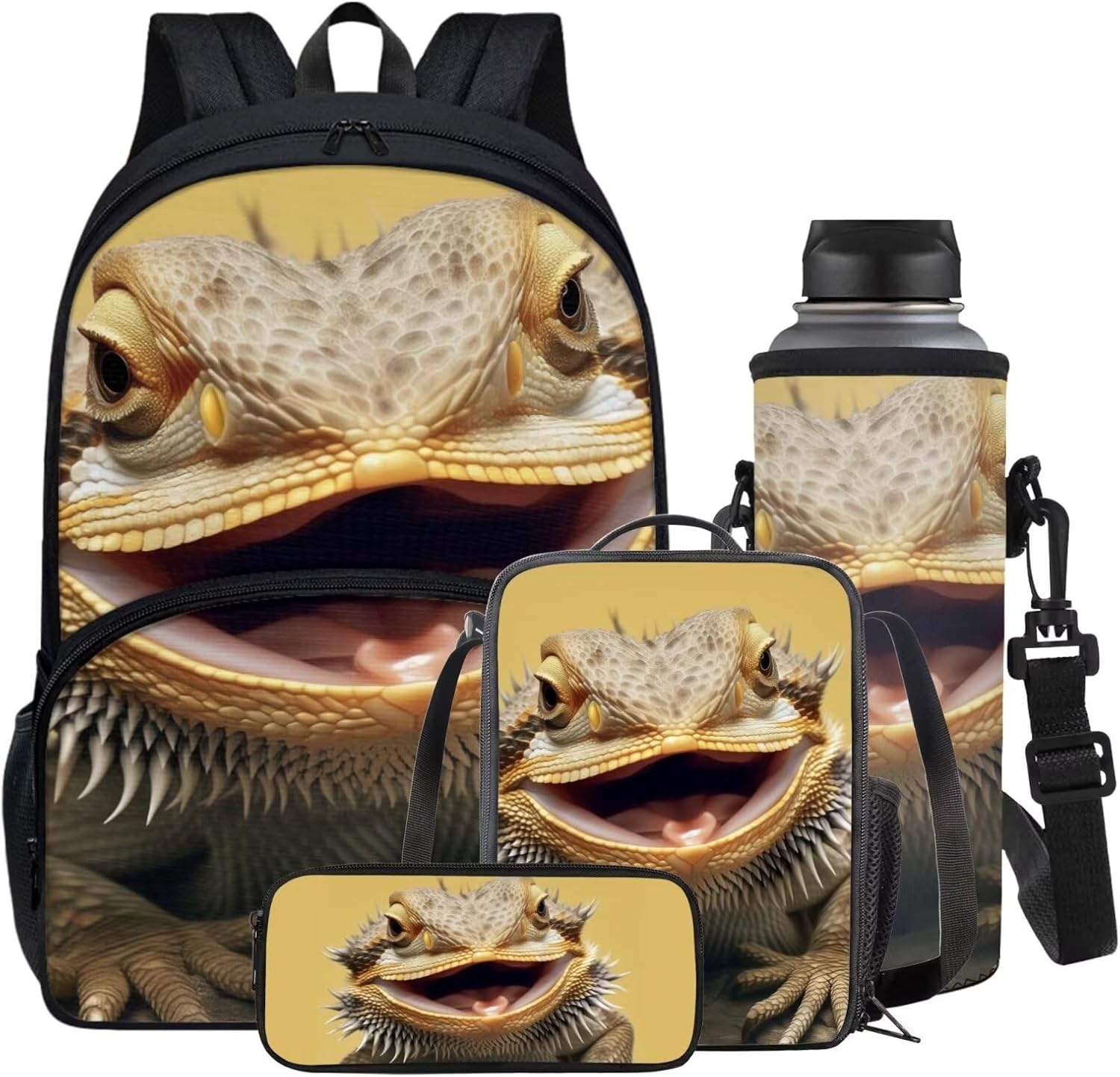 Horeset Lizard Print Schoolbags Set for Boys Girls, Travel Backpack with Pencil Holder Case Lunch Box Water Bottle Bag Set of 4, Large Capacity Primary School Bookbags