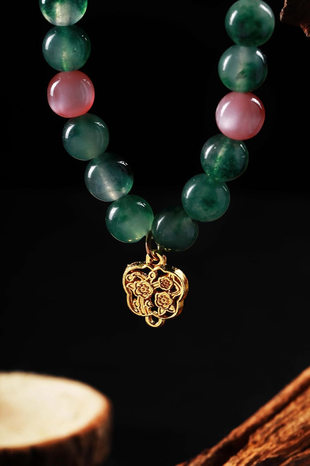 Summer Pink Cat Eye & Moss Agate Beaded Bracelet for Women – Handmade Jewelry with Gold Charm, Symbol of Growth and Vitality - Image 3