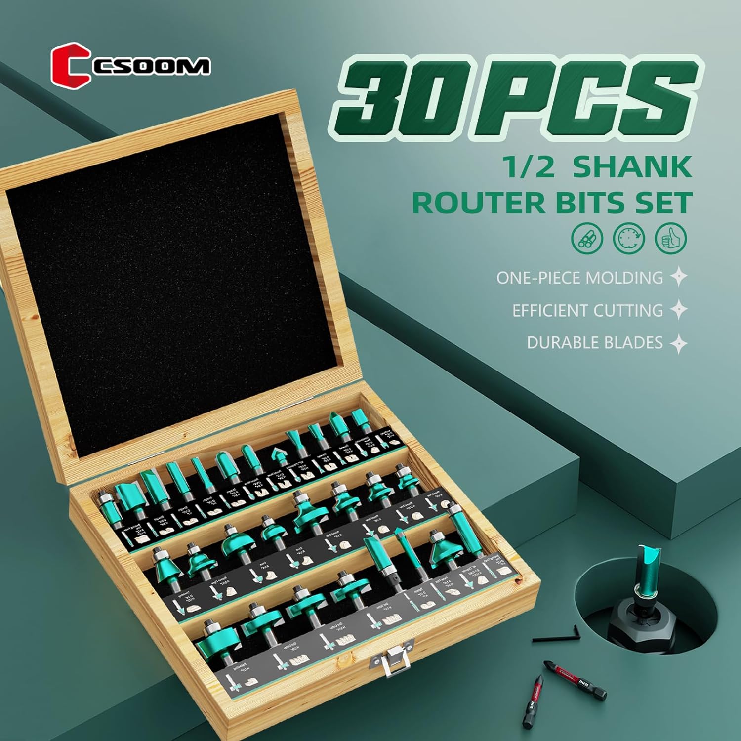 CSOOM 30PCS Router Bits Set, 1/2 Shank, with 2* Batch Head, Professional Wood Bits, Tungsten Carbide Milling Bits for Woodworking