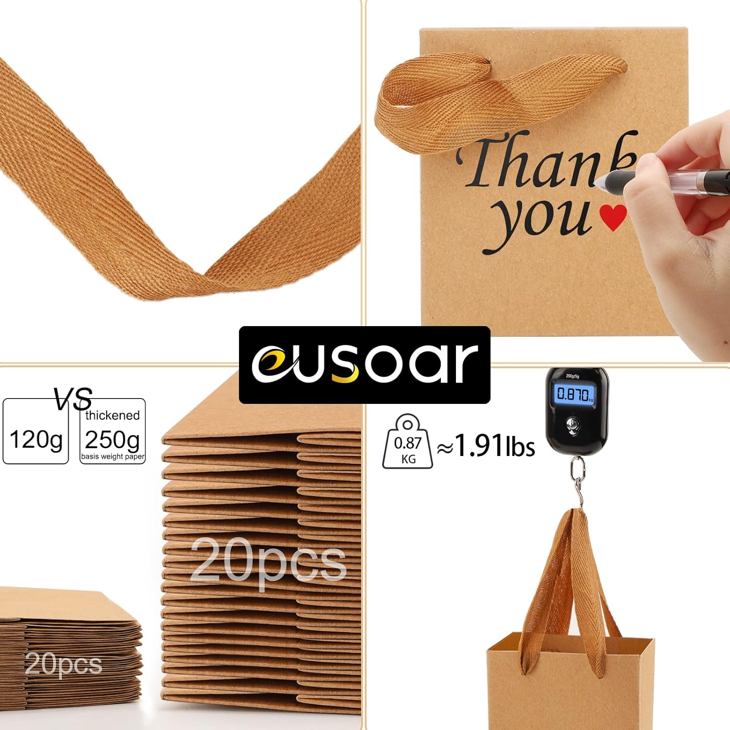 EUSOAR Tiny Gift Wrap Bags with Handles, 50 Pack 4x2.75x4.5 inches Kraft Paper Bags in Bulk, Heavy Duty Totes for Wedding, Grocery, Boutique, Retail, Business, Birthdays