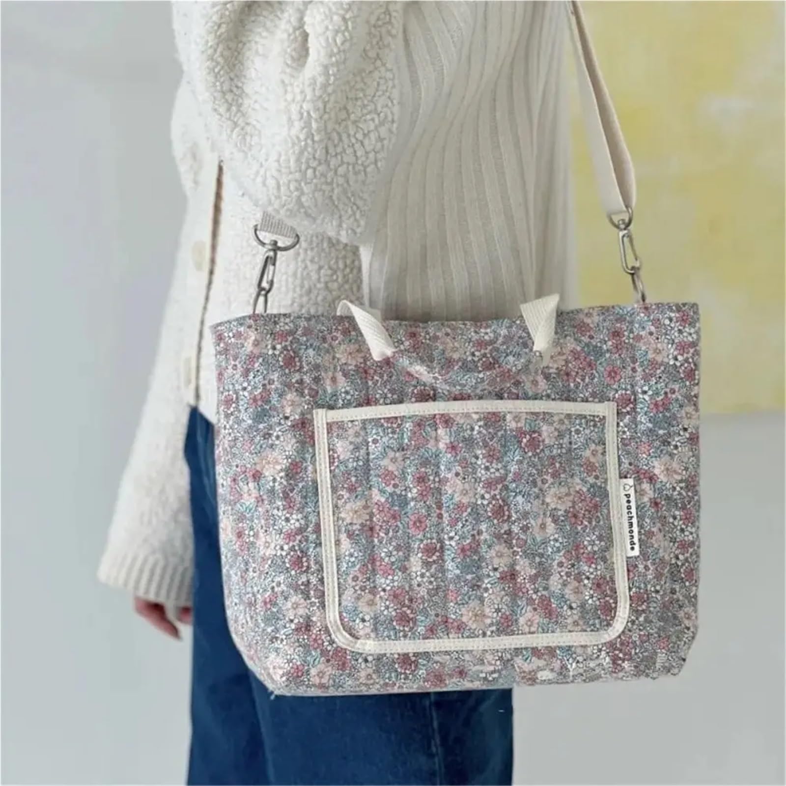 Tragbare Blumendruck-Mama-Kindertasche, multifunktionale Baumwoll-Umhängetasche, große Kapazität, Handtasche, Aufbewahrungstasche, Mutter-Kind-Kinderwagen-Taschen-Organizer