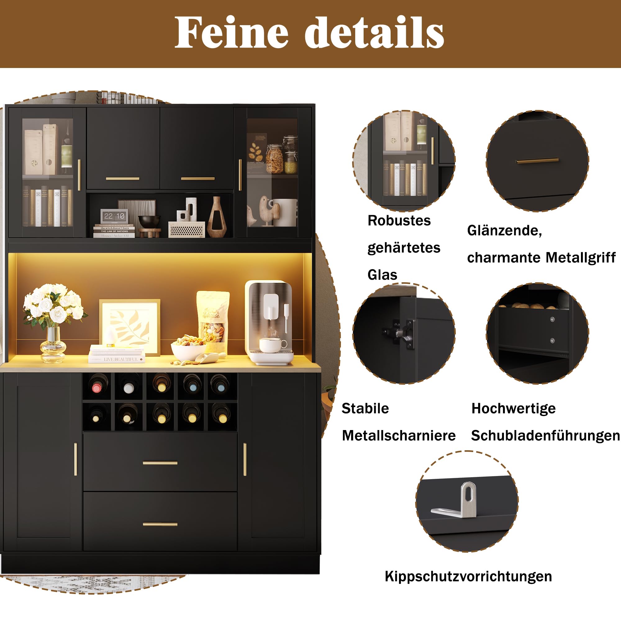 Armoire de cuisine haute 120 x 36 x 180 cm, buffet avec éclairage LED et prise, buffet de cuisine, avec étagère à vin et plusieurs étagères, armoire de rangement pour cuisine, salon (noir)