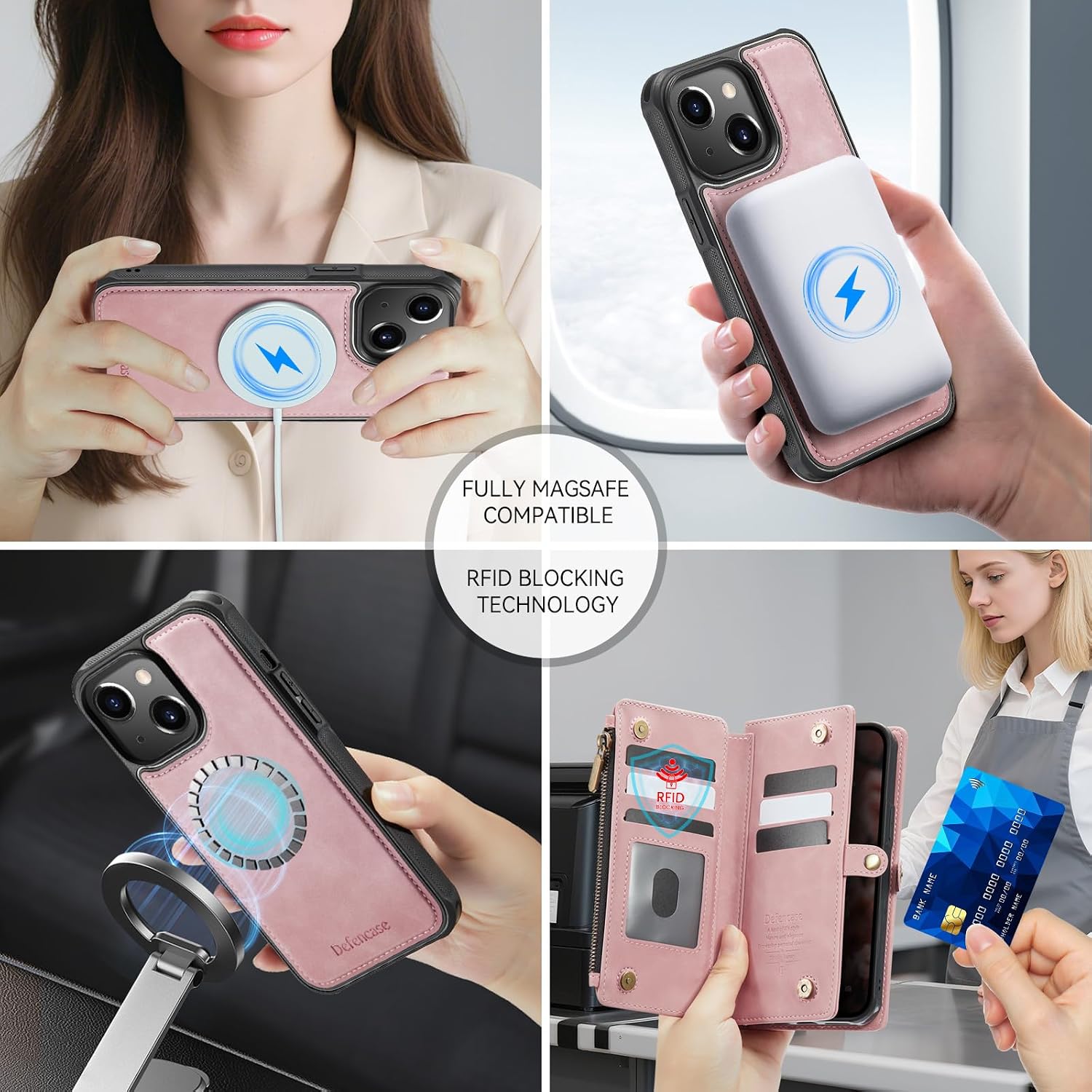 Defencase for iPhone 11 Magnetic Wallet Case Compatible with Magsafe with RFID Blocking Zipper & Card Holder for Women Men, PU Leather Strap Detachable Phone Case for iPhone 11 (6.1 inch), Rose Pink