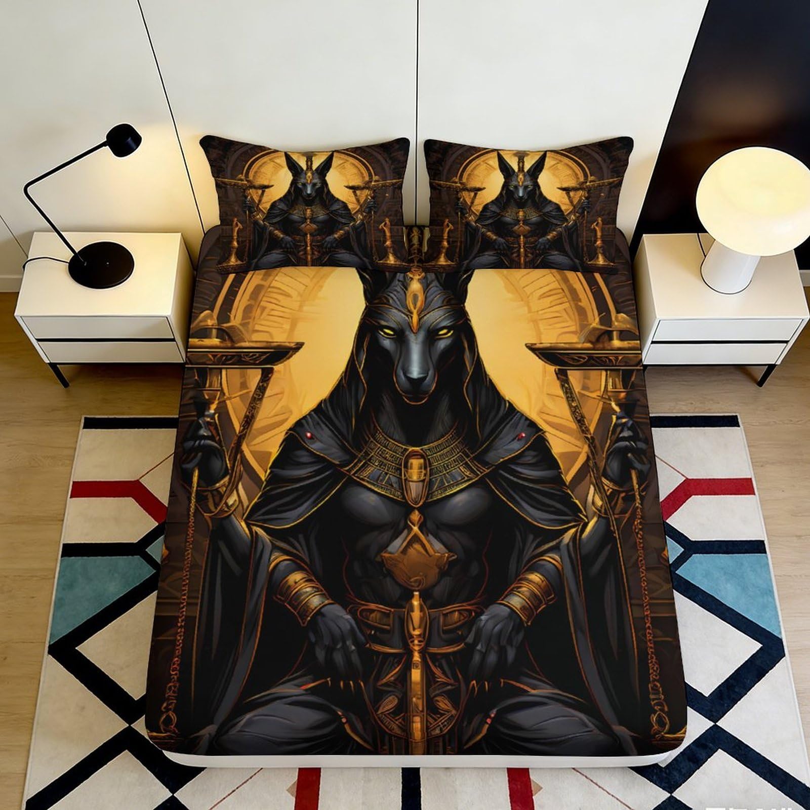 3D Printed Egyptian Anubis Fitted Sheet Microfiber Black Gold Mythology Bed Cover for Bedroom Dorm Decor Protection 90x200x25cm