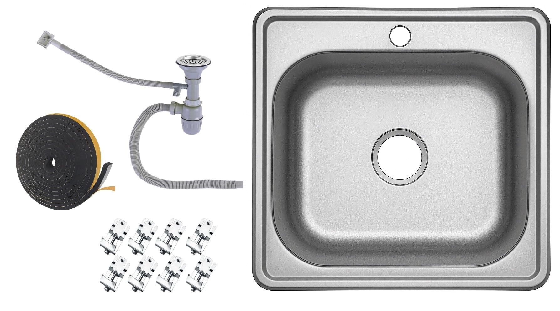 Edelstahlspüle 48x48 cm Eckige Einbauspüle Edelstahl Beidseitig montierbares Spülbecken für Küche Inkl. Siphon-Set