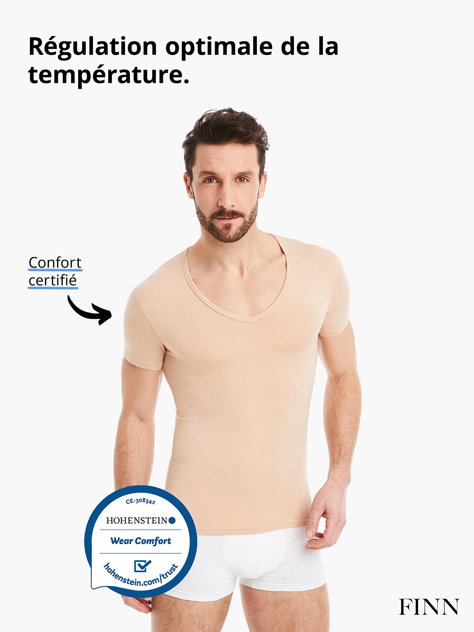 FINN Maillot de Corps Business pour Homme à Manches Courtes avec Col en V - sous-Maillot en Tissu Original Lenzing® Modal - Le T-Shirt Parfait sous Une Chemise et Un Costume
