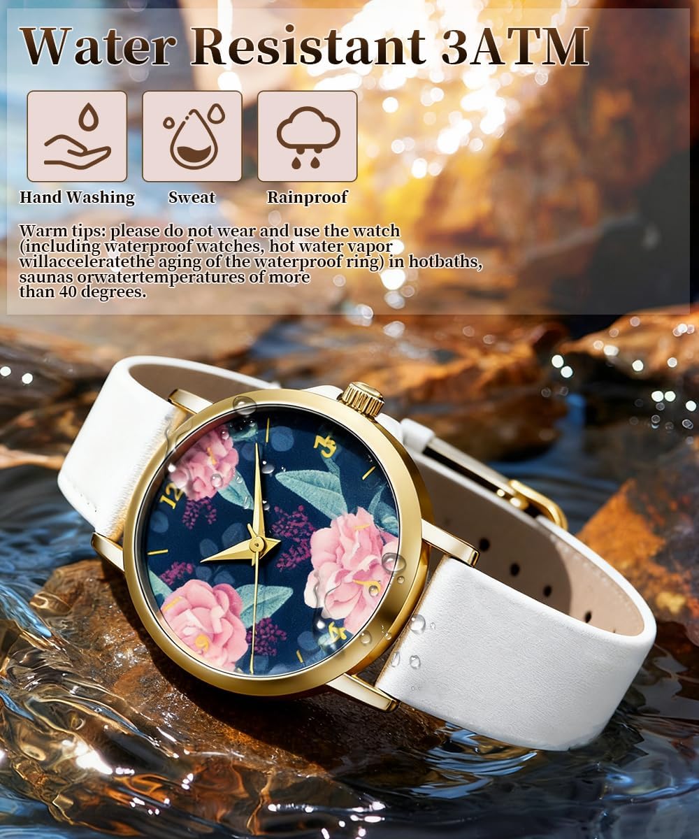 BOSHIYA Women's Leather Wrist Watches Ladies Large Face Floral Printed Analog Quartz Watch