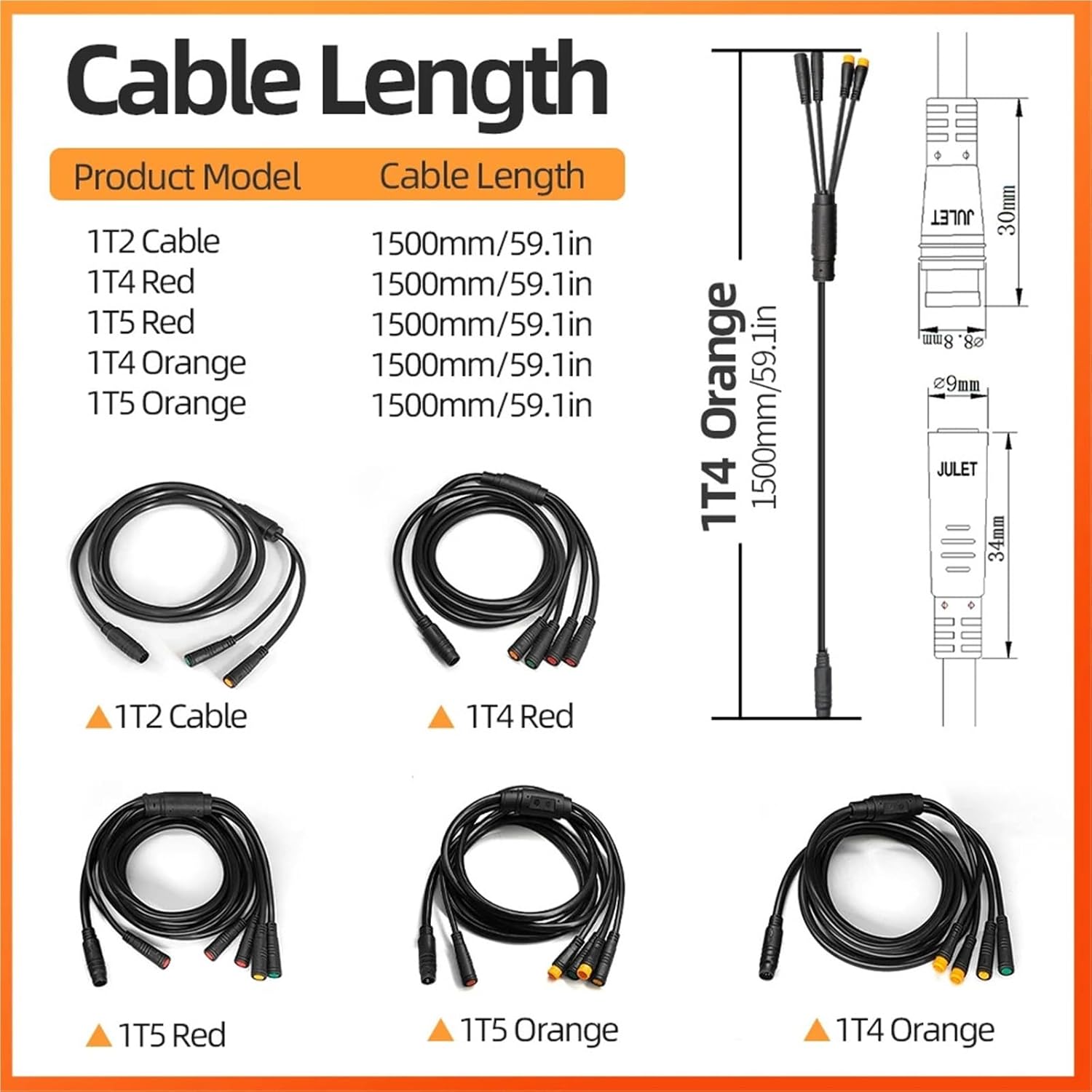 Electric Bike 1T4/1T5 Waterproof Cable Controller Light Ebrake Throttle Display E-Bike Cable Conversion Accessories