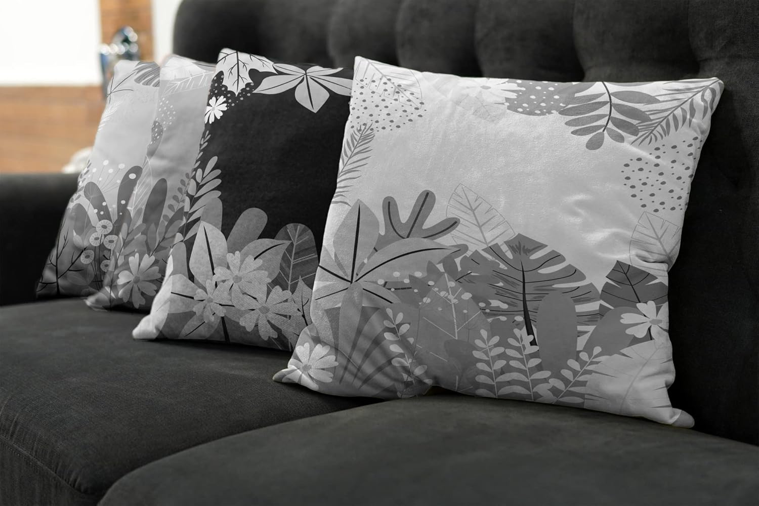 Ambesonne Botanic Throw Pillow Cushion Case Pack of 4, Autumn Foliage Big Exotic Leaves Daisy Flower Foliage of Forest Artwork, Modern Accent Double-Sided Printing, 20" x 12", Pale Grey White