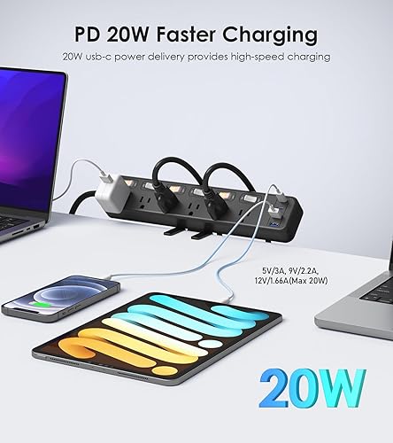 Miniatura 3 de JUNNUJ Clamp Power Strip - Escritorio de pie con USB C de 20 W, protector de sobretensiones de escritorio 2 en 1, salida de montaje en borde con 6