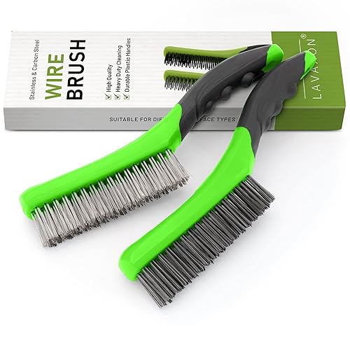 Lavaxon Juego de cepillos de alambre, cerdas de acero inoxidable y acero al carbono resistentes con agarre de mango de plástico para óxido, escoria,