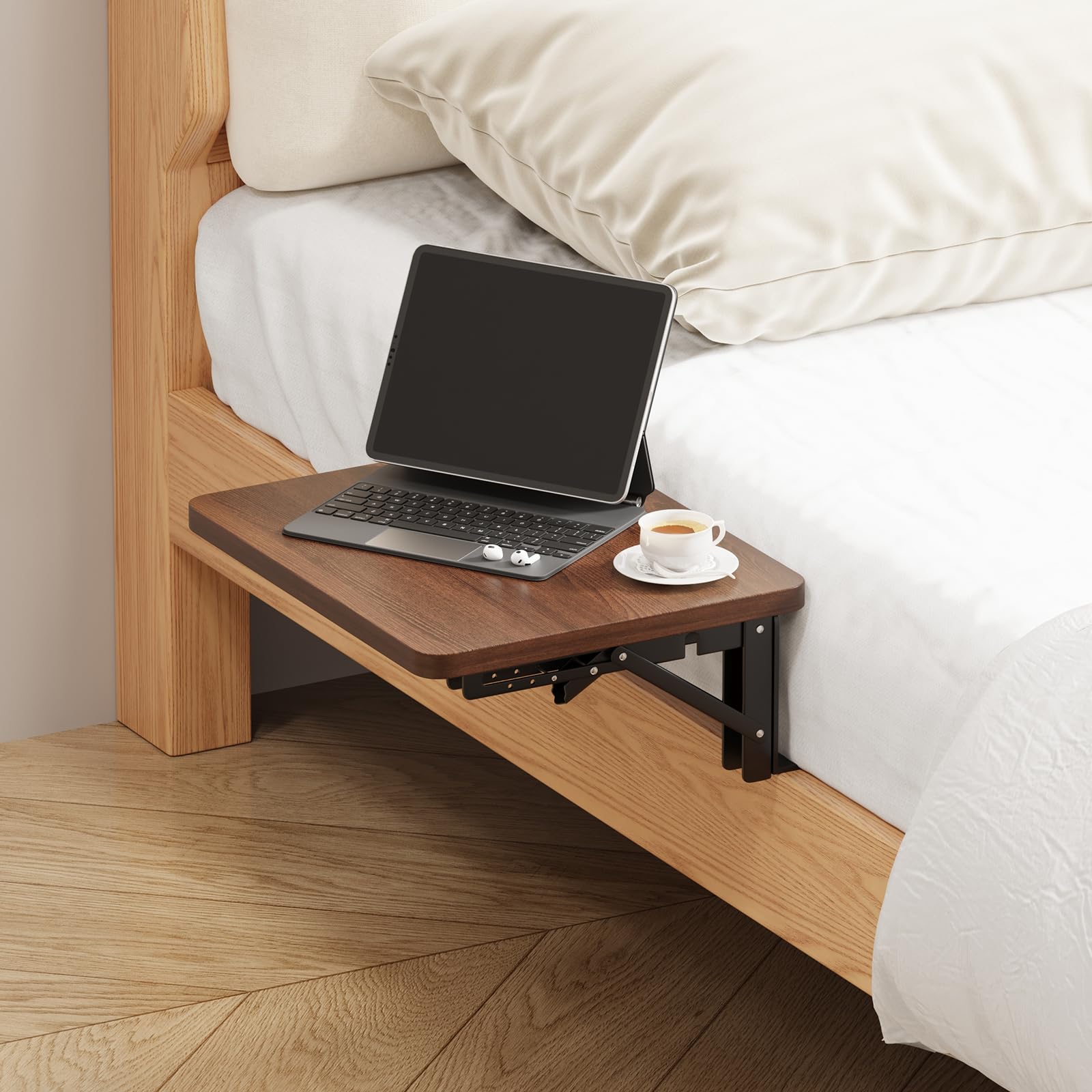 Menaka Floating Bedside Shelf Table Oak 30x25cm, Small Folding Bed Mounted Side Table Tray Clip On Nightstand for Bunk & Top Bunk Wood Tabletop with Metal Frame (dark walnut#1) โ image 1
