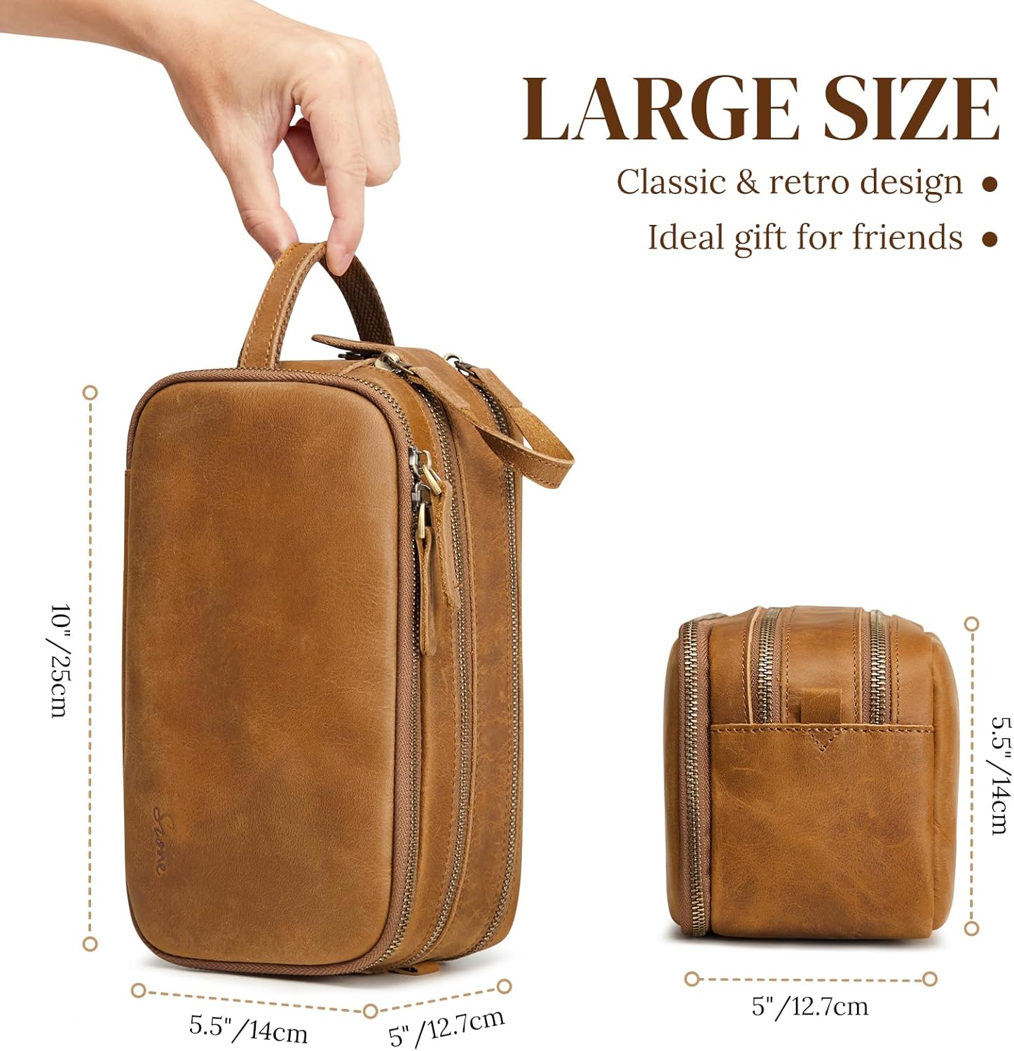 S-ZONE Leather Travel Toiletry Bag for Men Women Traveling Cosmetic Shaving Bags Dopp Kit
