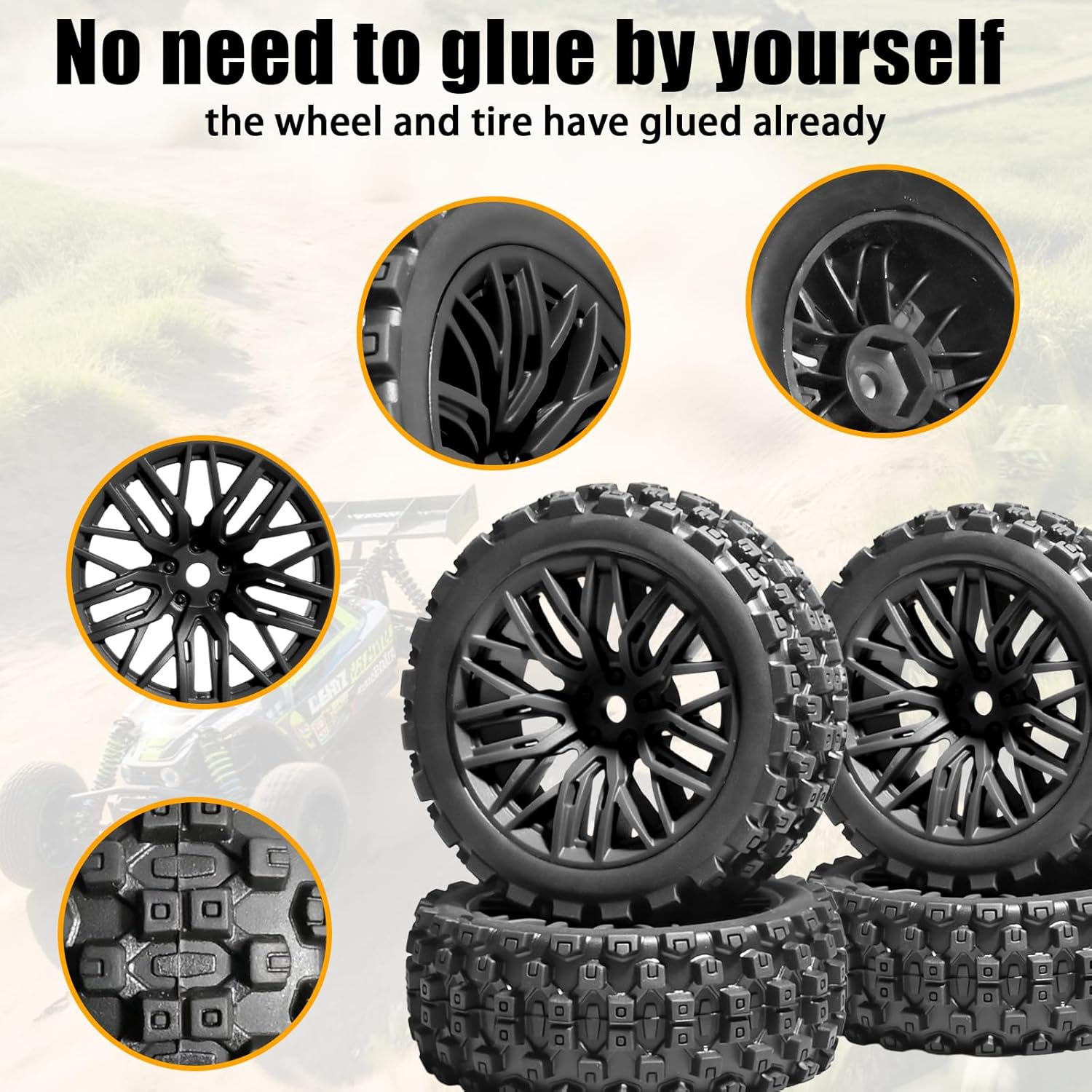 4PCS Pre-Glued RC Crawler Car Rubber Tires and Plastic Wheels Set, 70mm*26mm Tires and Rims with 12mm Hex Fits for ARRMA 1/14 1/16 1/18 Granite/Typhon Grom RC On/Off Road Crawler Truck Car (Black)