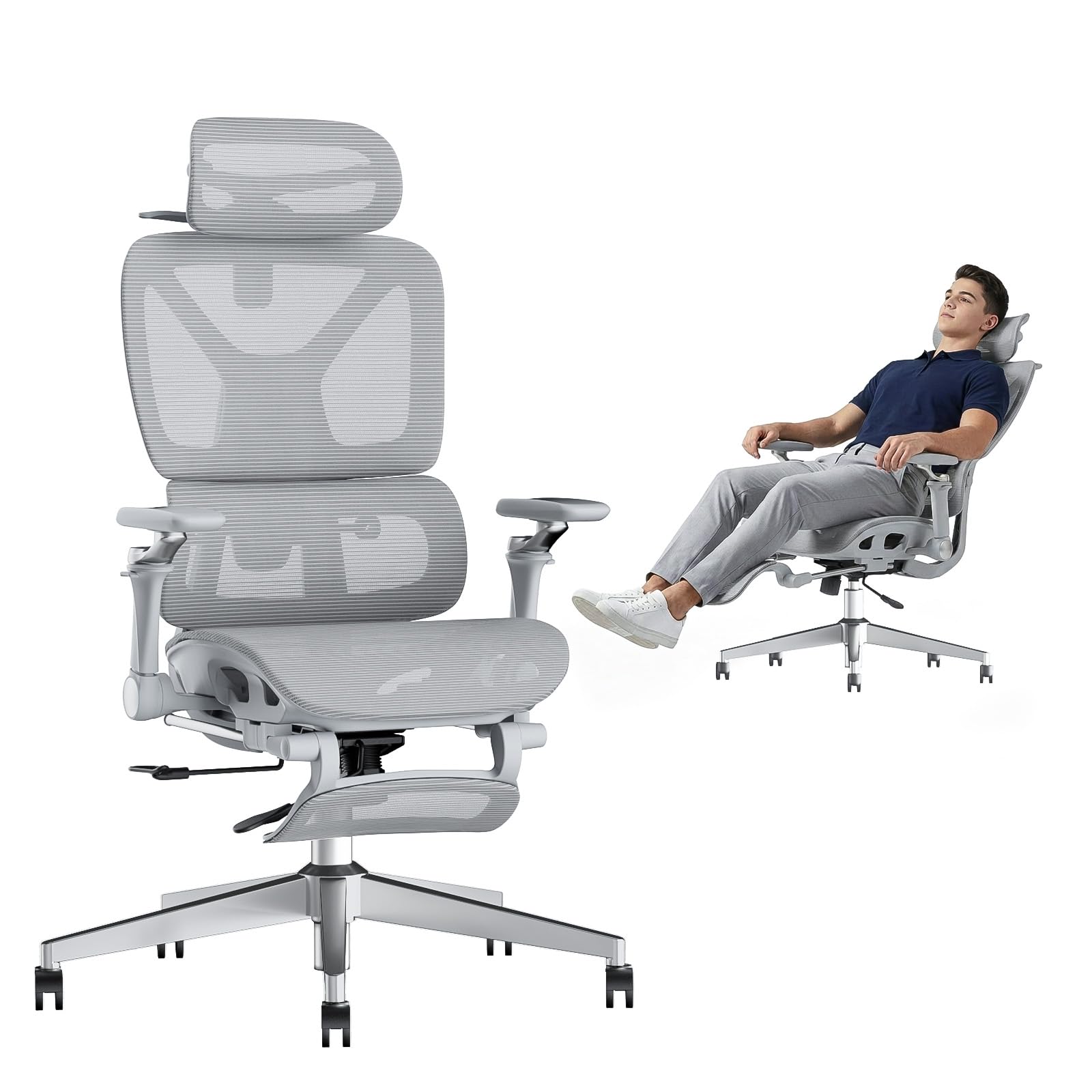 Ergonomischer Bürostuhl mit 6D Armlehnen Lordosenstütze für Homeoffice Grau