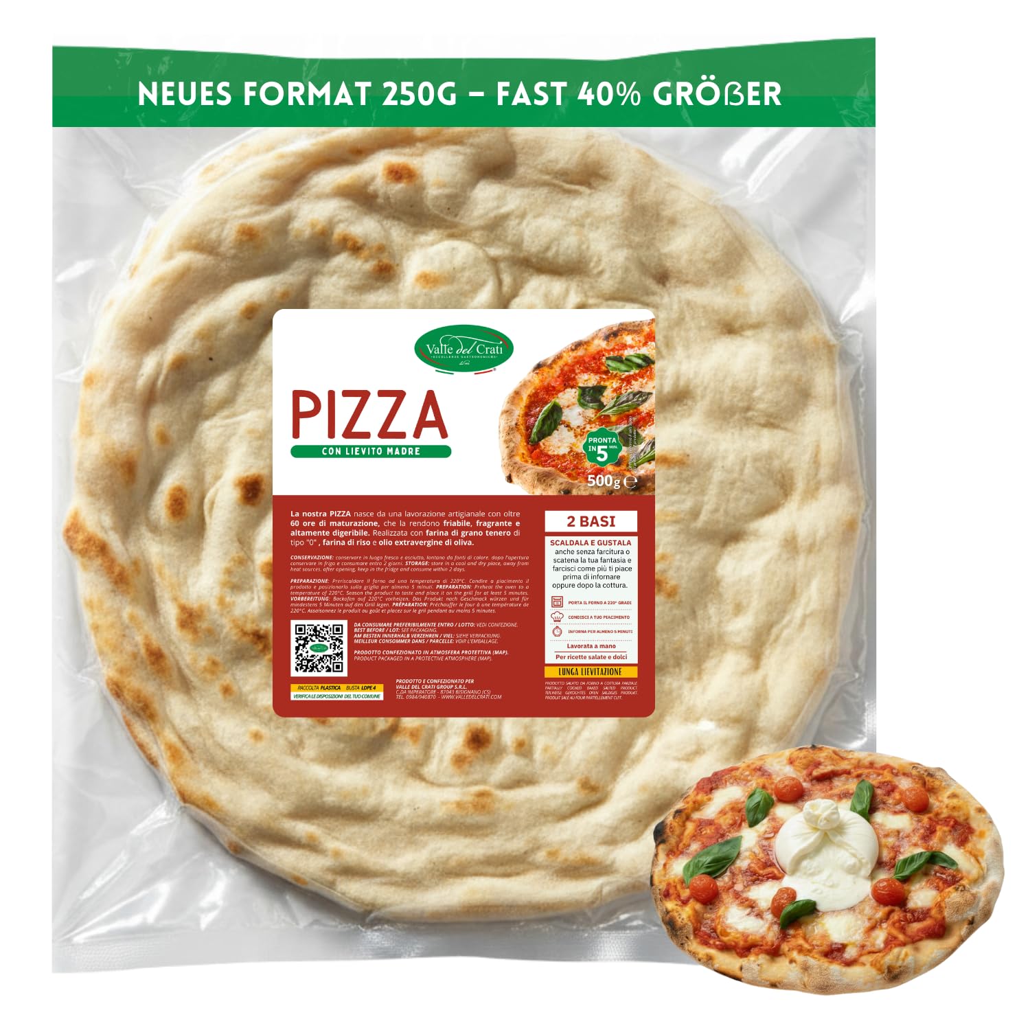 Valle del Crati 18 Pizza Basis | Neue 250g Packung | Pizza in 5 Minuten fertig, lange Teigruhe, leicht verdaulich | 18 Pizza Basis à ca. 250 g