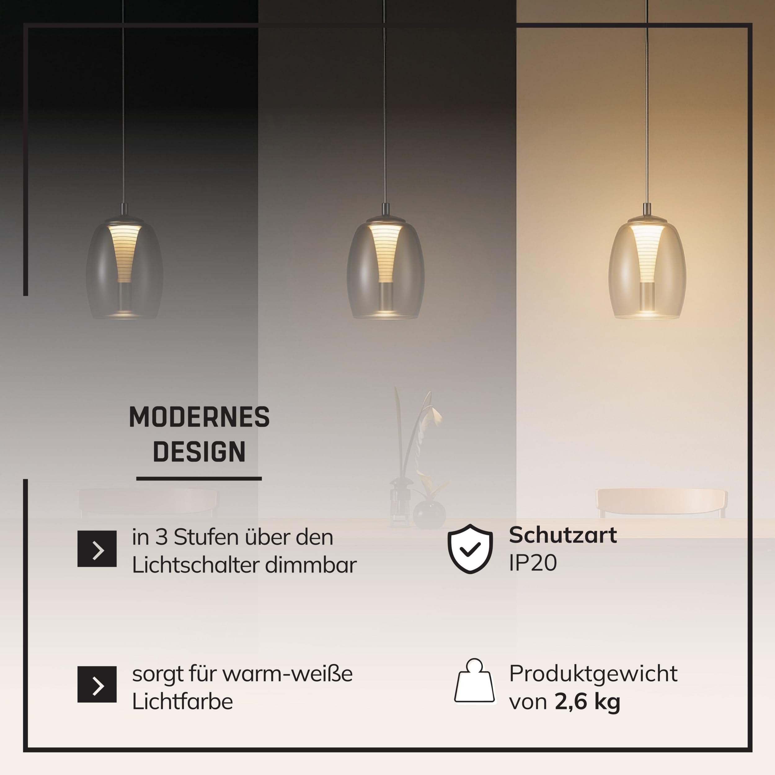 Lightbox LED Pendelleuchte mit Rauchglas - höhenverstellbare Hängelampe 4-flammig - dimmbare Deckenleuchte mit 3-Stufen-Schaltung - Lampe für Esstisch, Wohnzimmer & Küche - inkl. LED