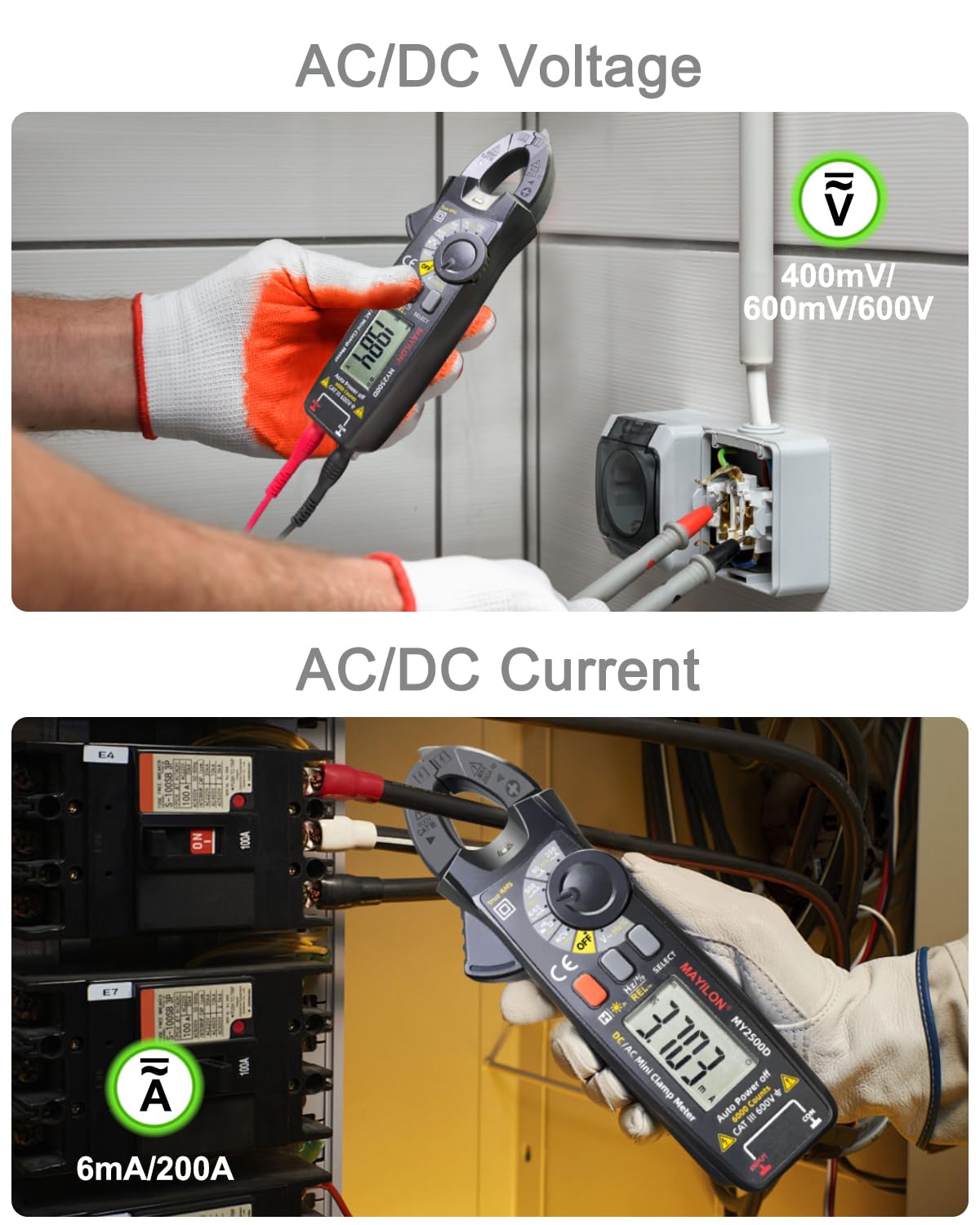 Digital Clamp Meter, 6mA-200A AC/DC Low Current Clamp Meter, AC/DC Voltage Multimeter TRMS 6000 Counts Amp Voltage Tester Auto Ranging with Resistance Capacitance Continuity NCV Diode Frequency