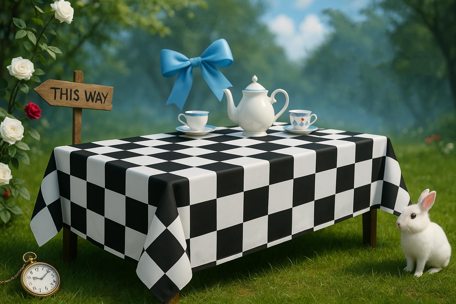 Alice Party Decorations,Wonderland Theme Party Table Cover, Black and White PVC Tablecloth,Garden Tea Party Decoration Cloth Rectangula 55"X98"