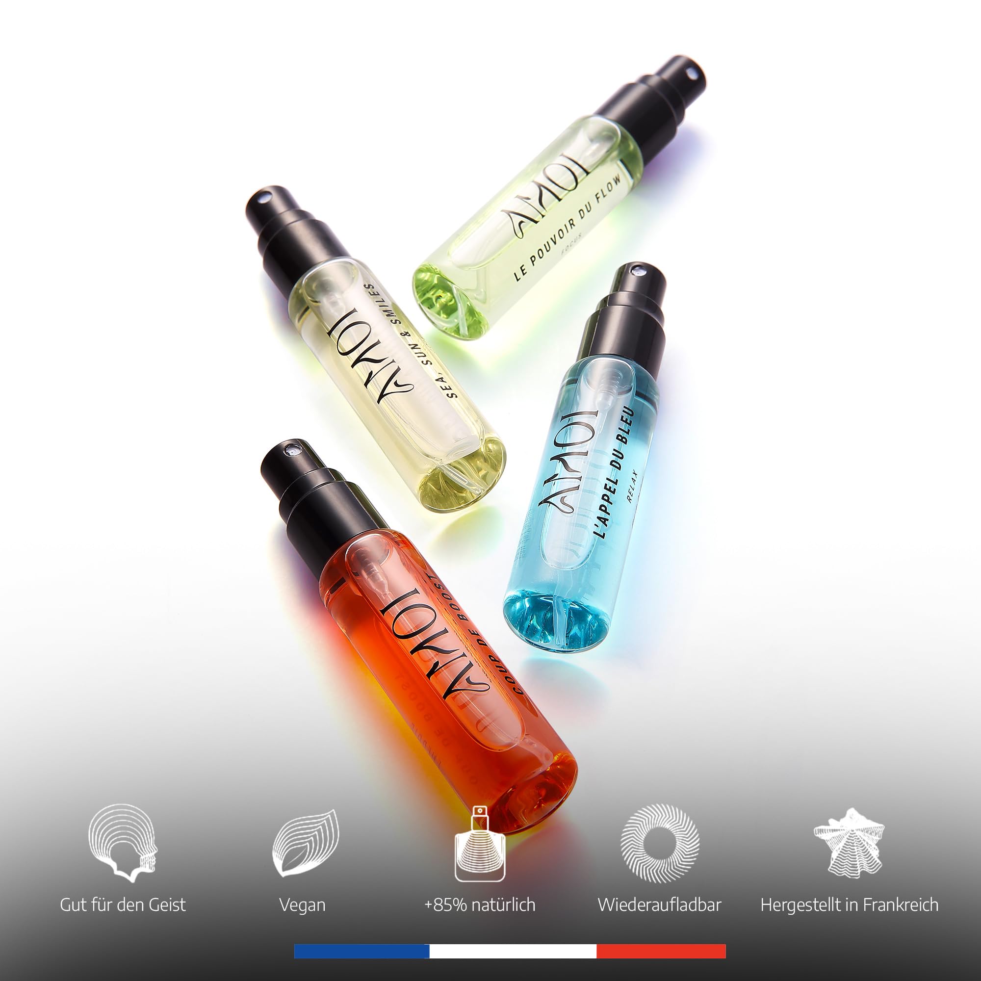 AMOI – Entdecker‑Set: 4 x Eau de Parfum 10 ml – Relax, Focus, Énergie, Joie – Unisex – über 85% natürliche Inhaltsstoffe – Frankreich