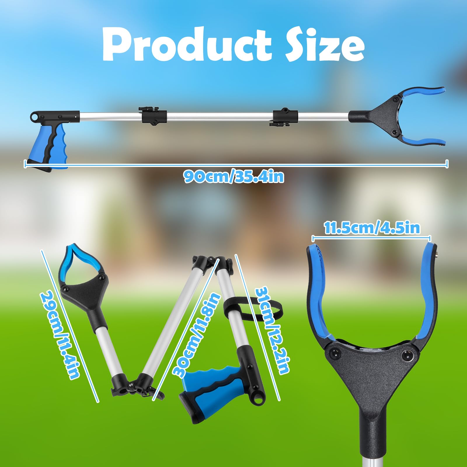 90 cm Pinza Recoge Objetos Plegable, Pinza Recoger Basura de Aluminio con Magnético, Herramienta de Captura con Cabezal Giratorio de 360°, Adecuado para Personas Mayores y Embarazadas, Azul — view 2
