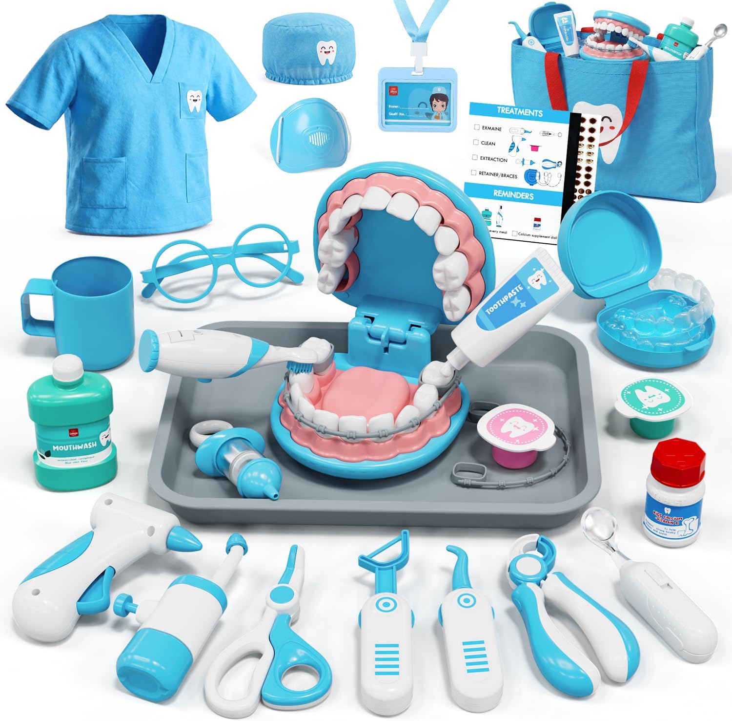 Doctor Kit for Kids, Dentist Play Set Toddlers, Pretend Medical Set with Bag, Doctors' Costume, Toys for 3+ Year Old Girls Boys (Blue)