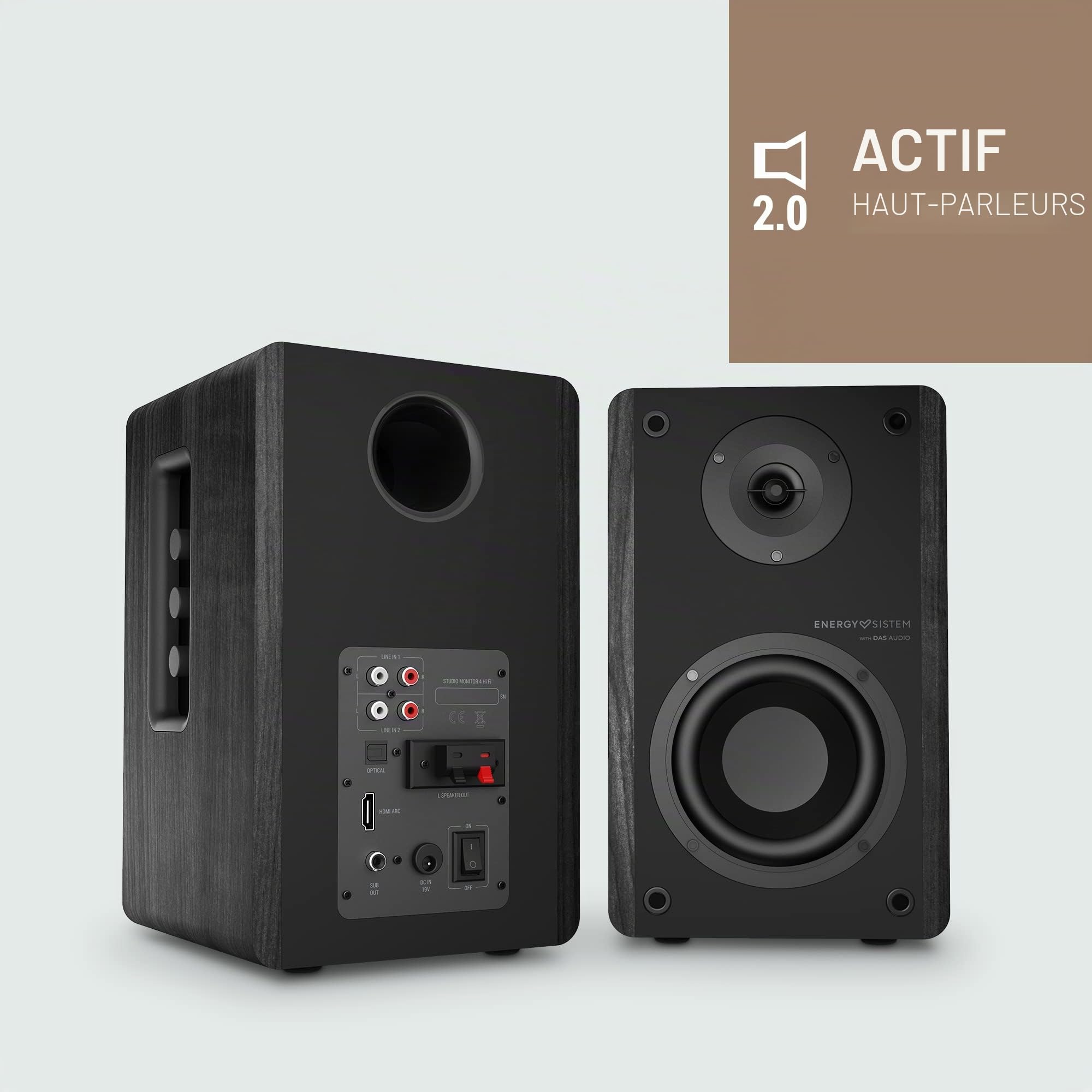 Energy Sistem Studio Monitor 4 Chaîne HiFi (Haut-Parleur Actif 2.0, Bluetooth 5.0, 50 W, Subwoofer, Entrée Optique TOSLINK, Port HDMI Arc) - Gris