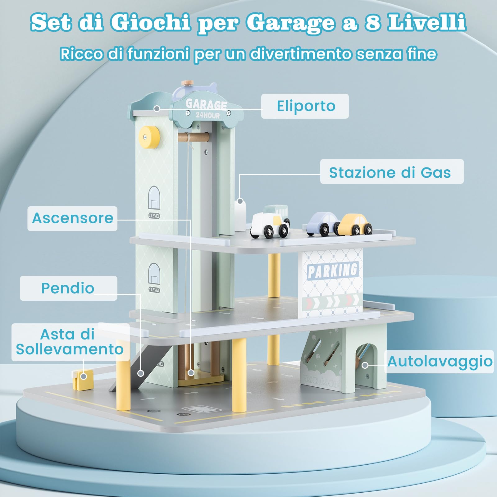 COSTWAY Set di Gioco Garage per Parcheggio, Garage di Giocattolo in Legno a 3 Strati con 4 Auto, Stazione di Servizio, Ascensore, Barra di Sollevamento, per Bambini di 3+ Anni