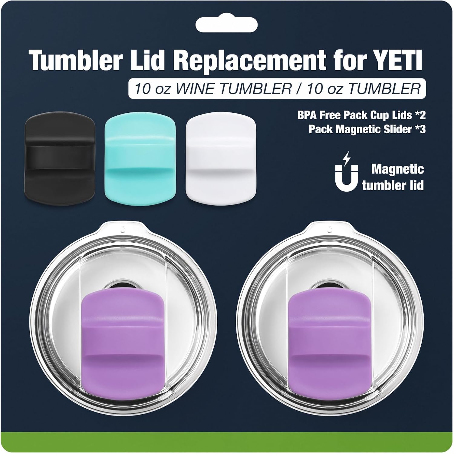 10 oz 295 ml Tumbler Lids,Magnetic Tumbler Lid Replacement for Travel Coffee Mug,BPA Free 2 Pack Purple Tumbler Lids & 3 Pack Magnetic Slider
