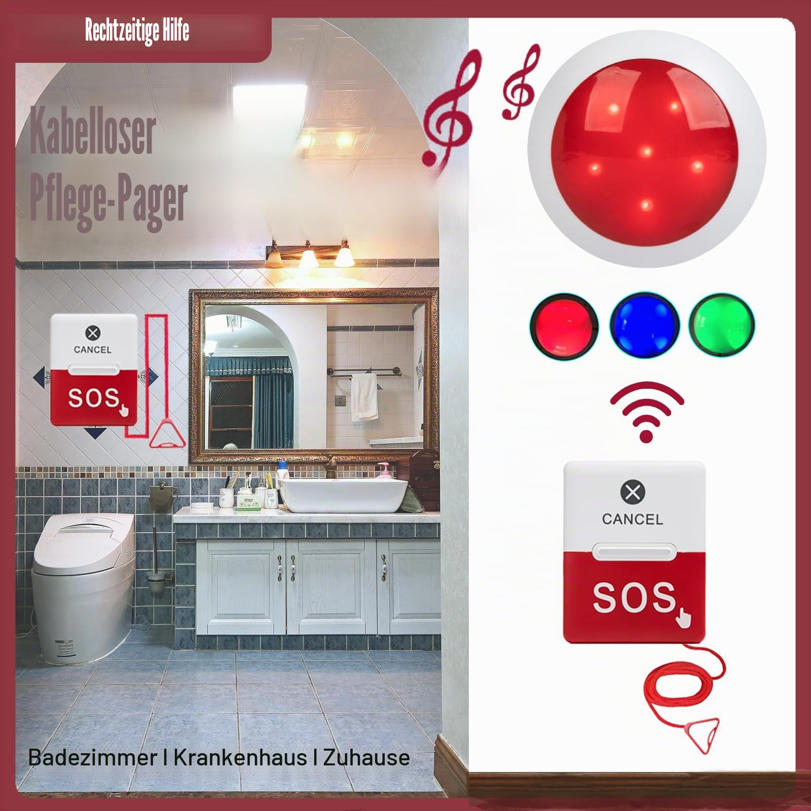 Behinderten-WC-Notruf | SOS-Notrufsystem für Barrierefreie Toilette/Bad | Alarmknopf WC, Notrufanlage Behinderten WC für Person mit Behinderung, Senior, Patient (1 Rufmodul+1 Notruftaste)