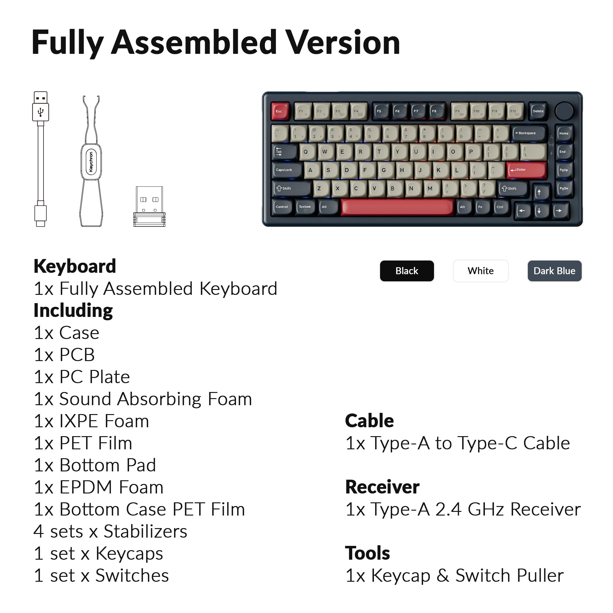 Keychron J2 Tastiera Meccanica Senza Fili 2.4GHz Bluetooth QMK 75% Layout RGB, Hot-Swap Interruttore Rosso Compatibile con Mac Windows Linux, Tasti PBT Non Brillanti per Gaming - Blu Scuro