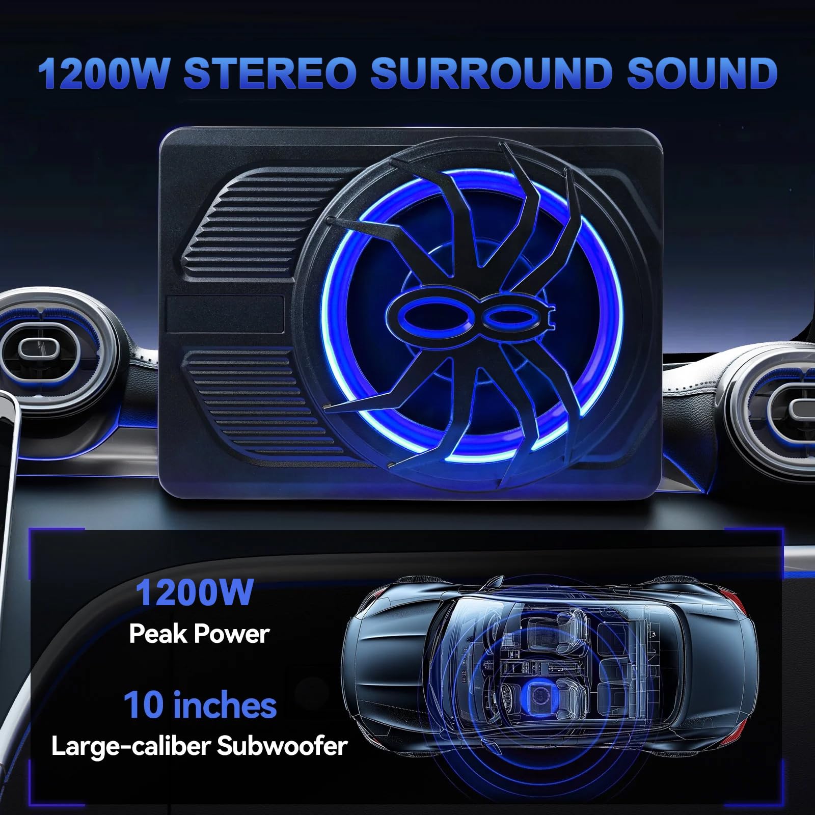 Topteng 10" 12V Slim Under Seat Powered Car Subwoofer with 1200W Max Power, Built-in Amplifier, App Control And Dynamic RGB Light, 4Ω 90dB Hi/Lo Input Bass Speaker Adatto per Car Truck SUV MPV