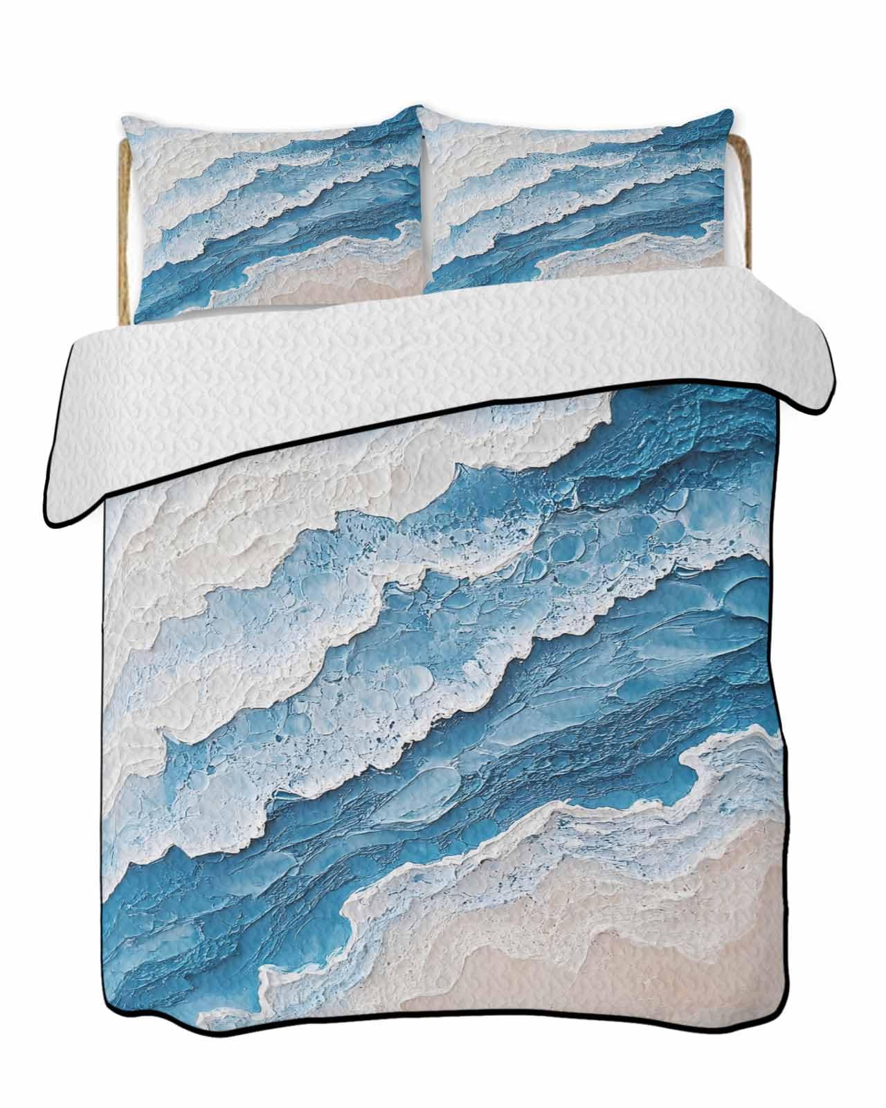 Reversible Down Alternative Comforter Quilted, Abstract Watercolor Ocean Beach Duvet Insert Lightweight Soft Bedspread Throw Blankets Modern Oil Painting for All Seasons Bed Sofa Decor
