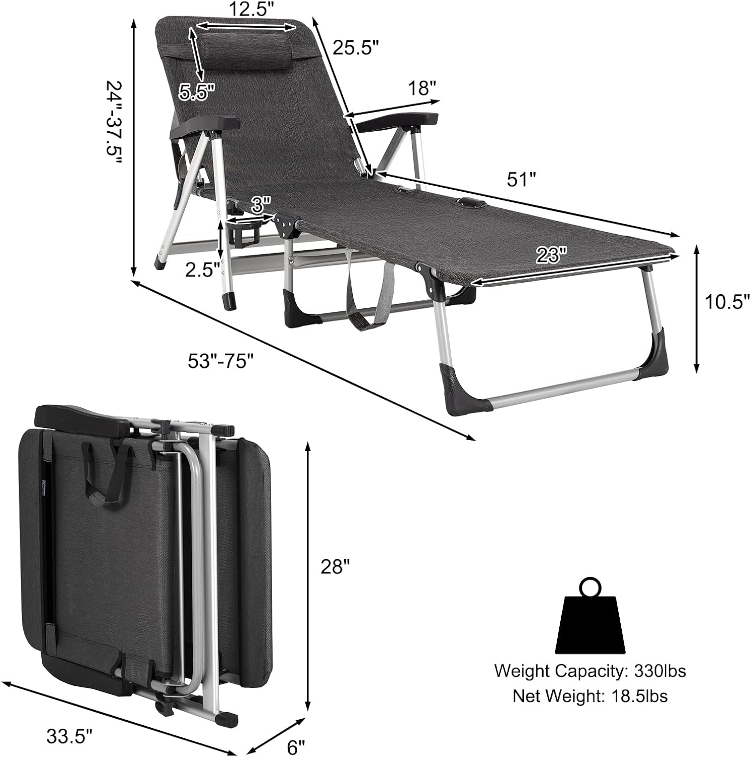 GYMAX Lounge Chair Outdoor, Chaise Lounger w/Adjustable Backrest, Cup Holder & Carry Handle, Folding Portable Tanning Layout Chair, Beach Sunbath Chair for Patio, Poolside, Lawn (1, Grey)