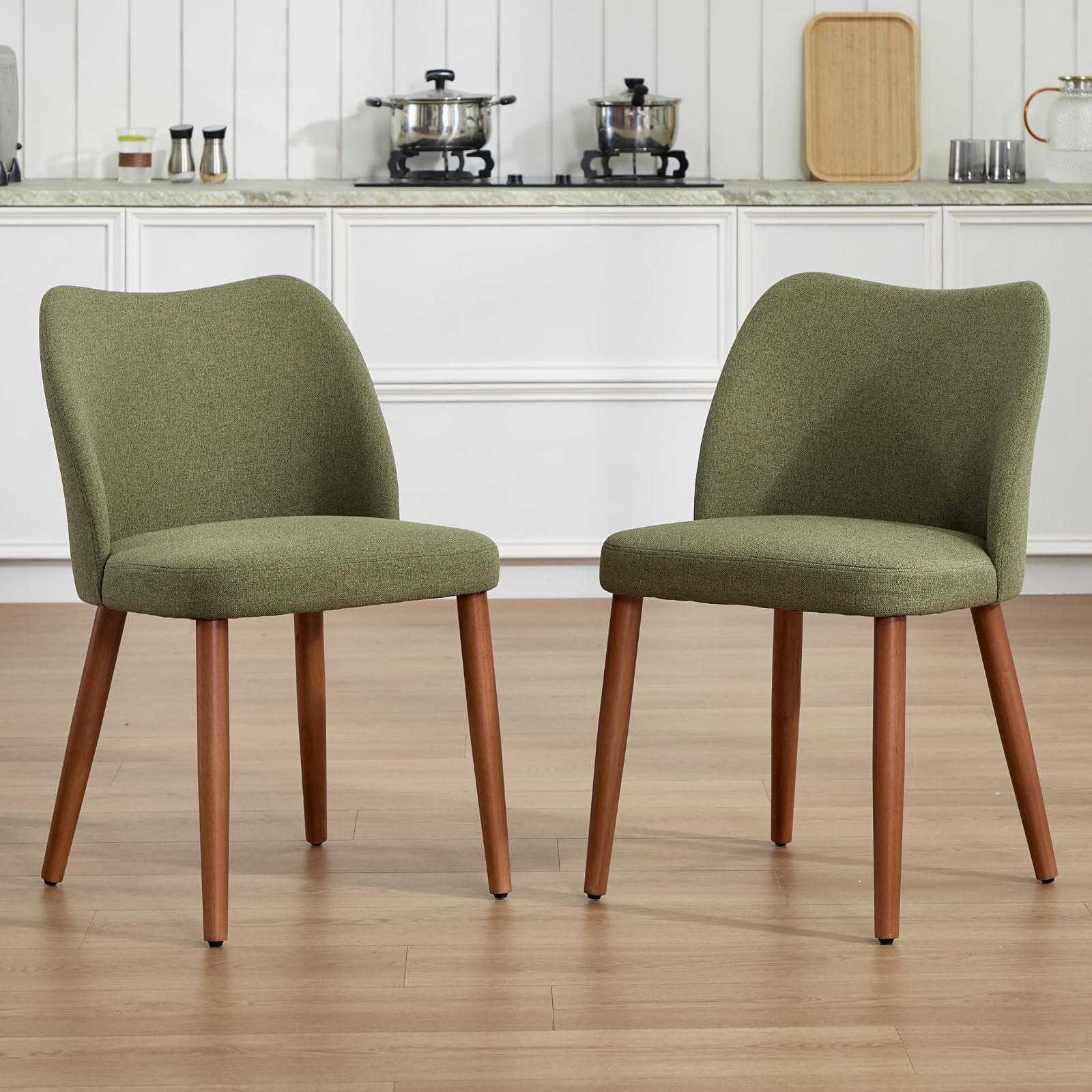 chairus 2 PZ Sedie da Pranzo in Tessuto di Lino con Gambe in Legno, Verde | Sedia Cucina con Schienale Curvo Sedia Imbottita Sedie Moderna per Sala da Pranzo/Soggiorno/Ristorante