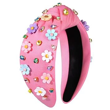 NVENF Flower Headbands for Women Spring Summer Floral Knotted Headbands Crystal Rhinestone White Pink Wide Top Knot Headband Beach Summer Hair Accessories Outfits Gifts Flower B - Pink