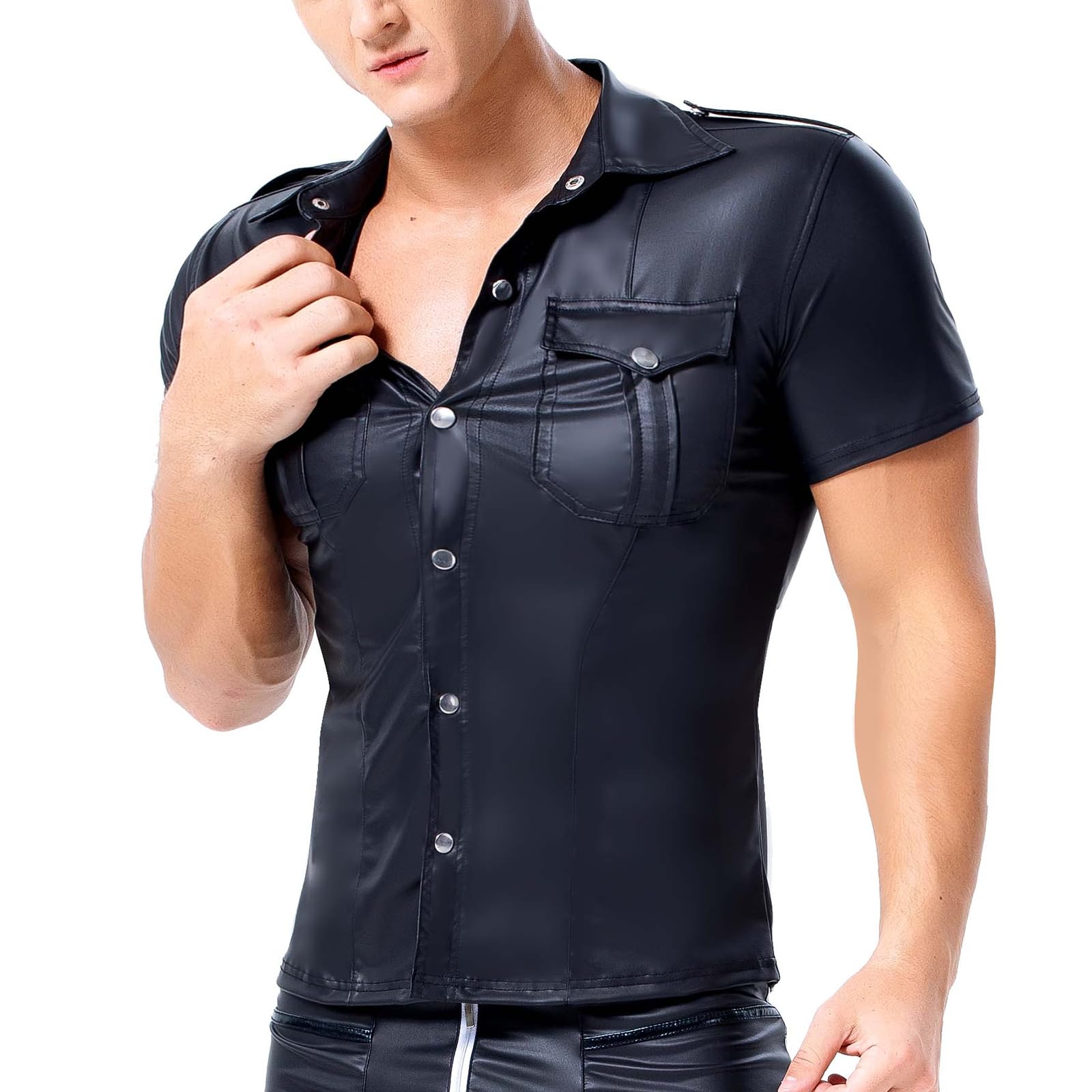 Chemise en cuir verni pour homme - Aspect laqué - T-shirt à manches courtes - En cuir synthétique - Avec boutonnière - Coupe ajustée - Latex brillant - Tops musculaires avec poches de poitrine