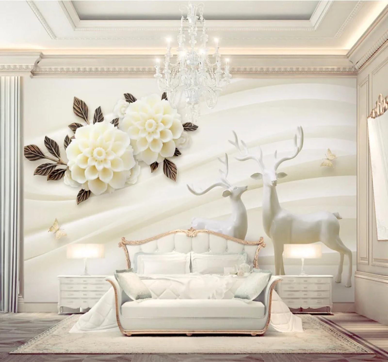 Wallpaper-3D-Xlm 350Cm×256Cm(B×H) Exquisite White Flowers Reindeer Faux Marble Art 3D Wallpaper Easy Install Feature Office Living Room Sofa Bedroom Tv Background Wall Decoration-350Cm×256Cm