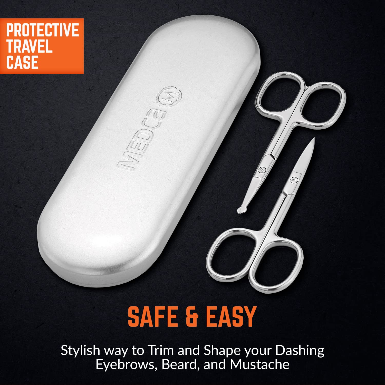 Tijeras de aseo de acero inoxidable: tijeras de cejas, barba y bigote, kit recortador de vello facial de punta pequeña, curva y redondeada, cortadora de cabello de nariz para hombre y estuche de viaje